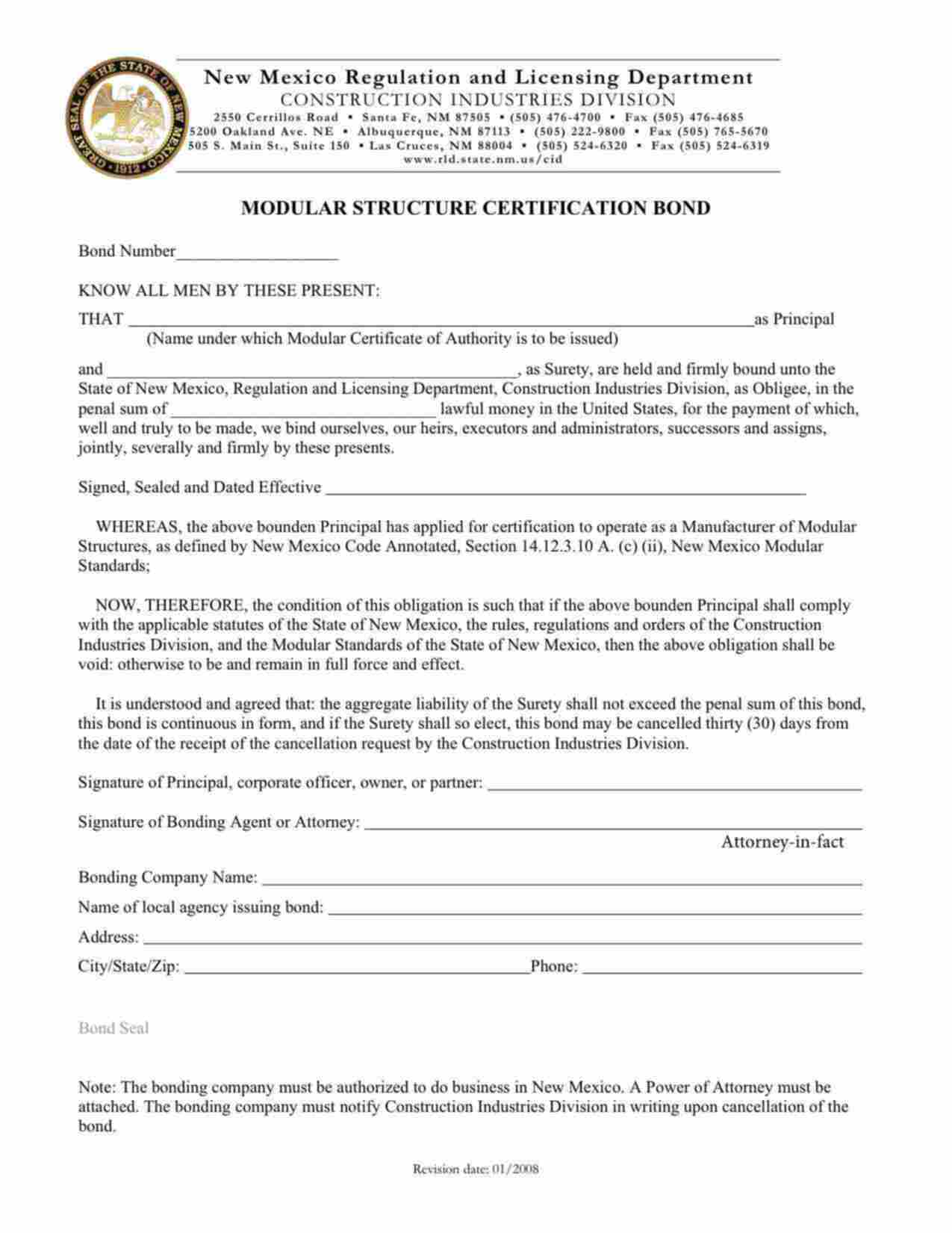 New Mexico Modular Structure Certification Bond Form