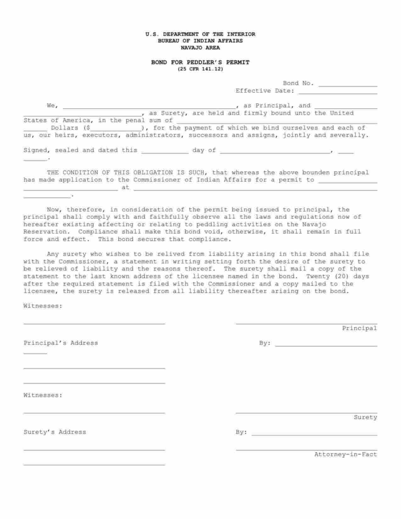 New Mexico Peddler's Permit Bond Form