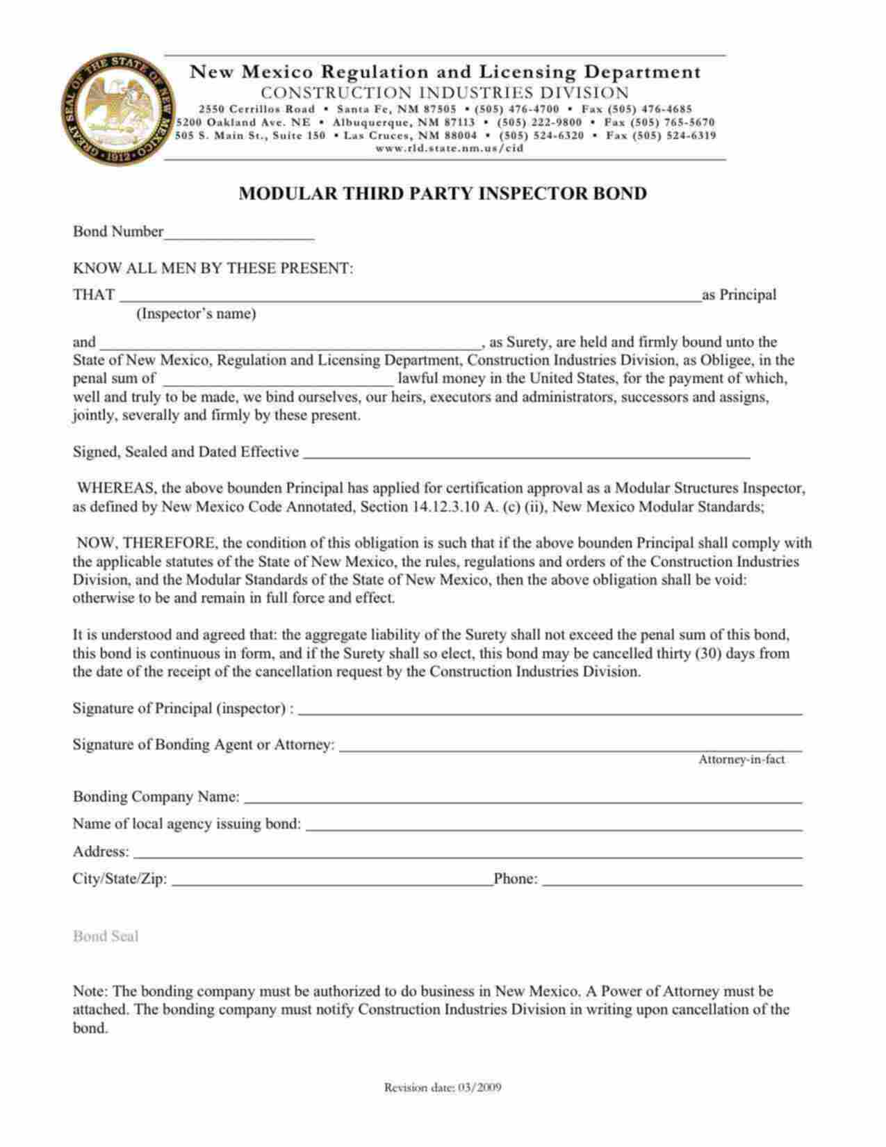 New Mexico Modular Third Party Inspector Bond Form