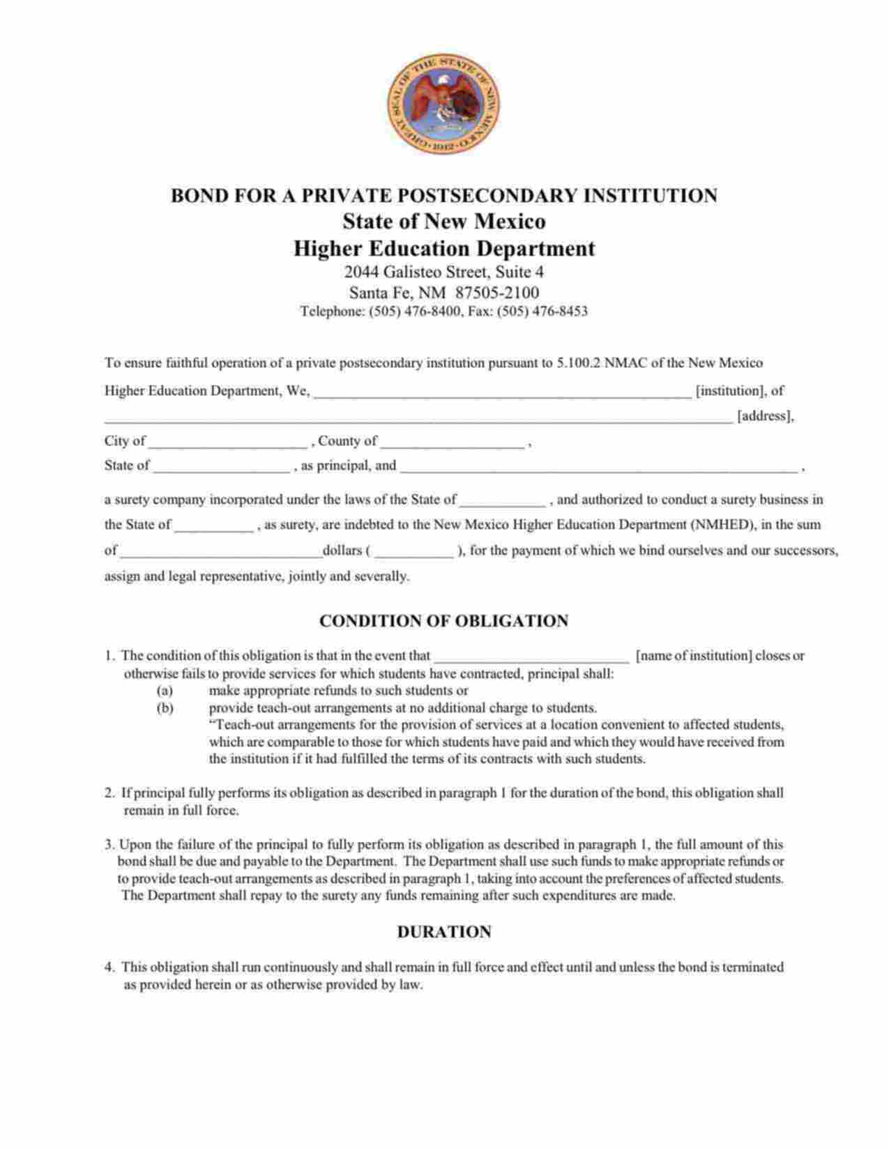 New Mexico Private Postsecondary Institution Bond Form