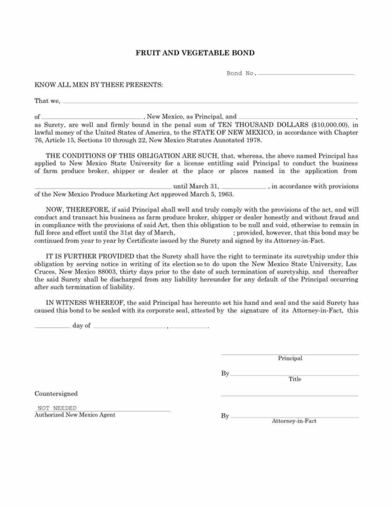 New Mexico Fruit and Vegetable Dealer Bond Form