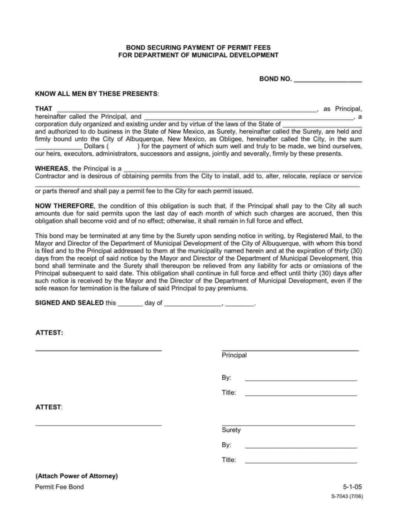 New Mexico Payment of Permit Fees for Department of Municipal Development Bond Form