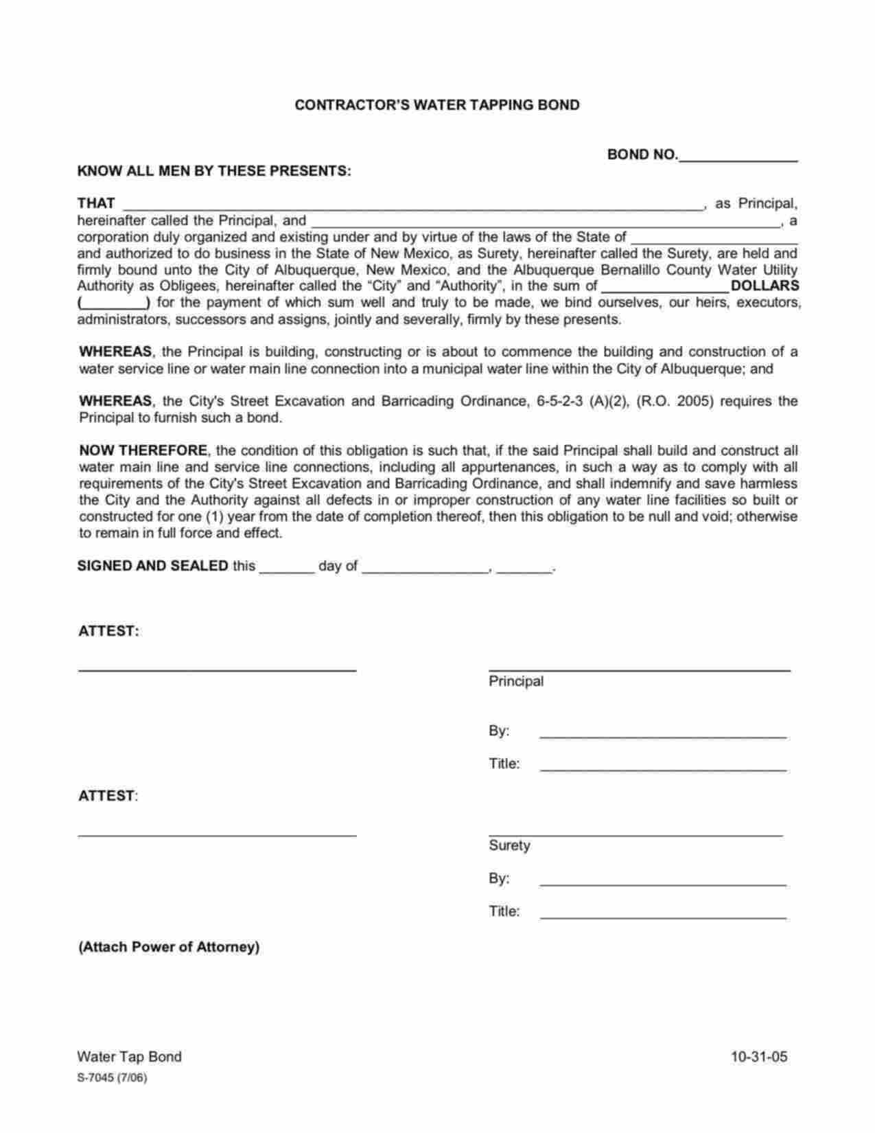New Mexico Contractor's Water Tapping Bond Form