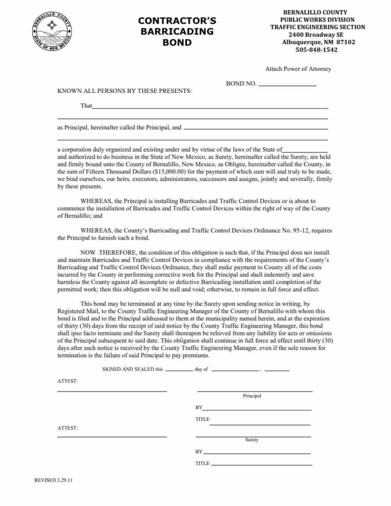 New Mexico Contractor's Barricading Bond Form