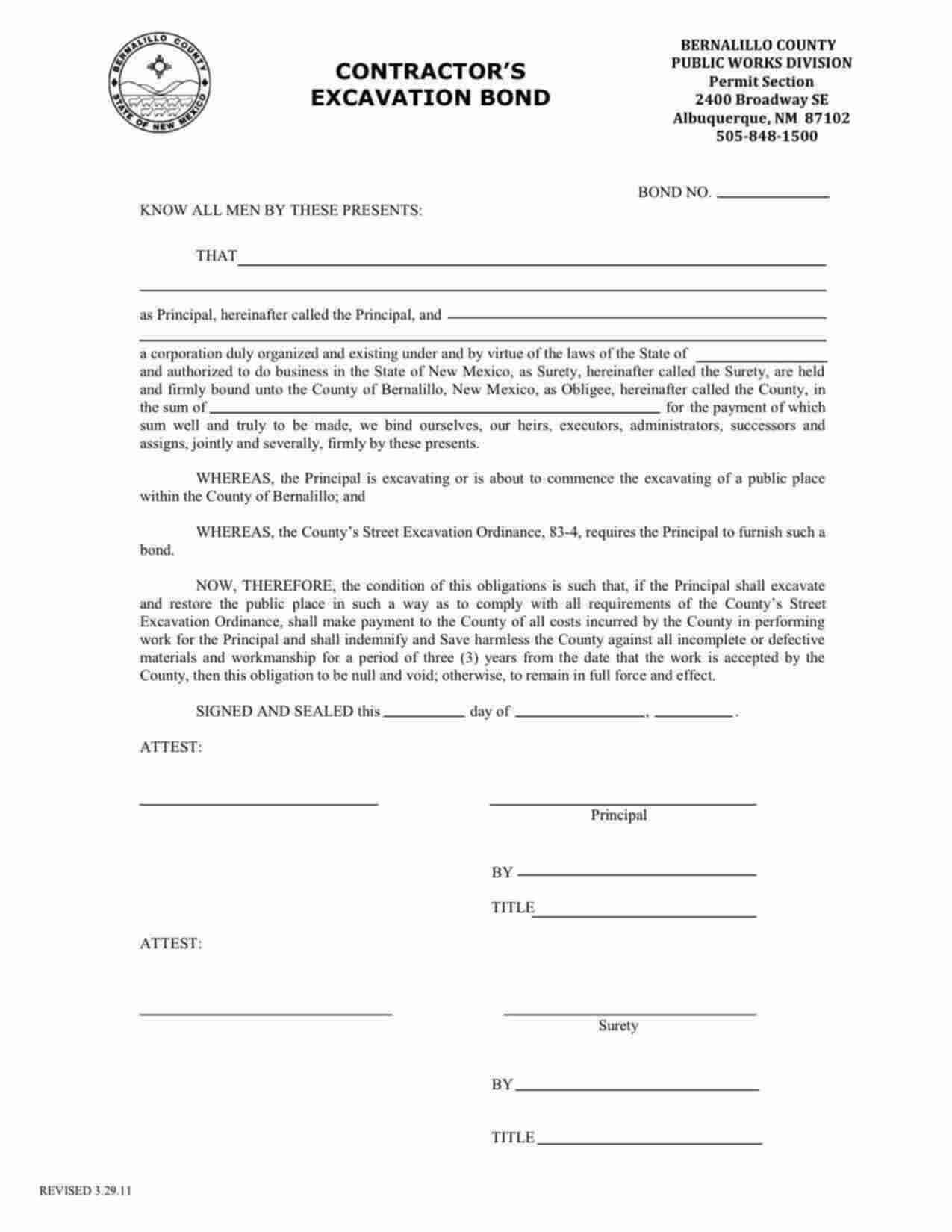 New Mexico Contractor's Excavation Bond Form