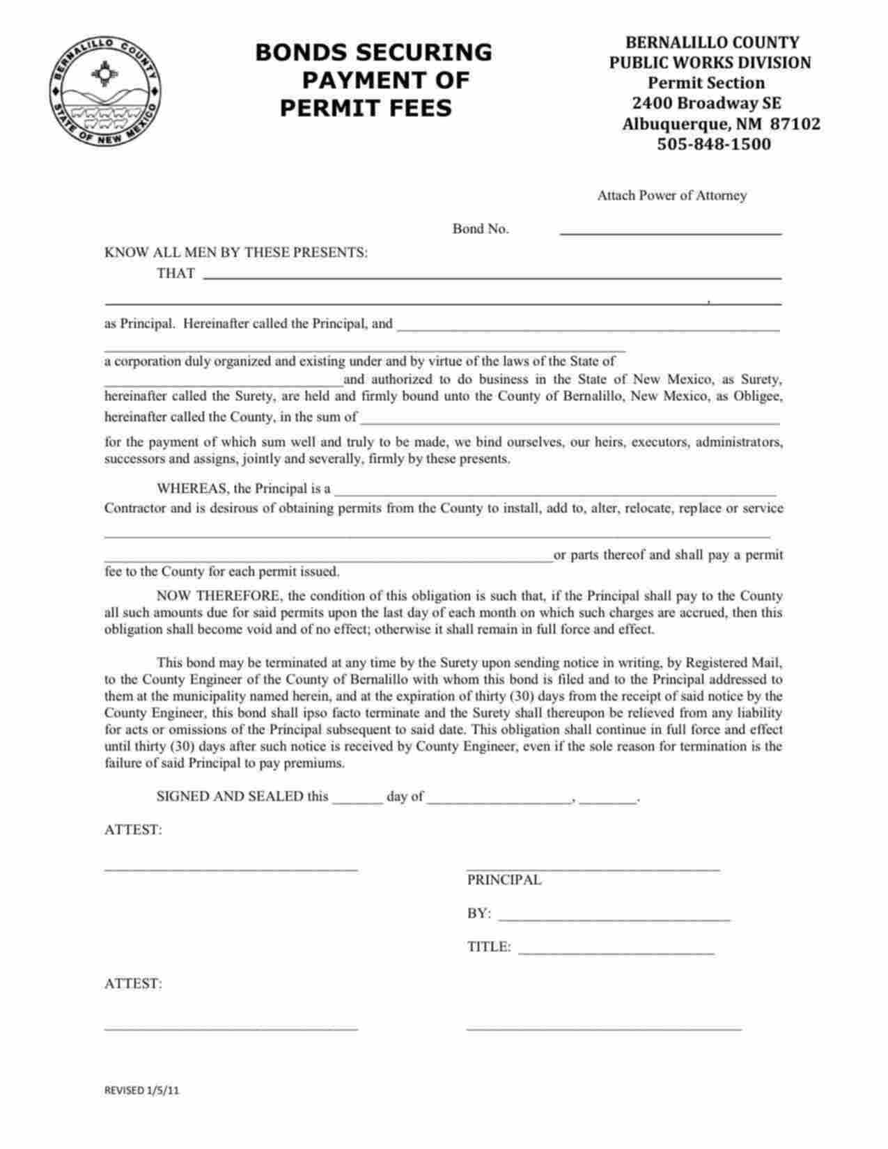 New Mexico Payment of Permit Fees Bond Form