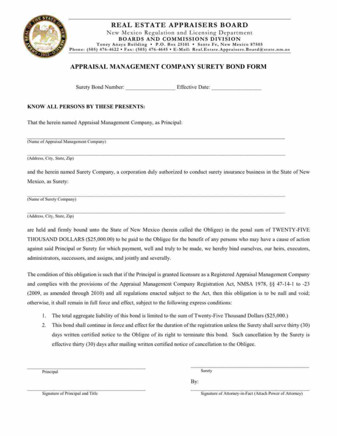 New Mexico Appraisal Management Company Bond Form