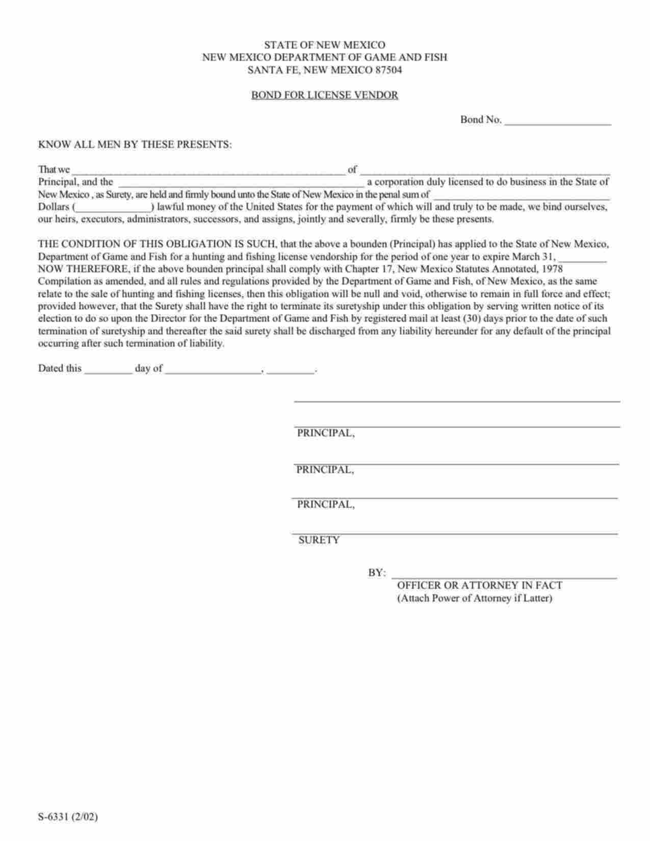 New Mexico Hunting and Fishing License Vendor Bond Form