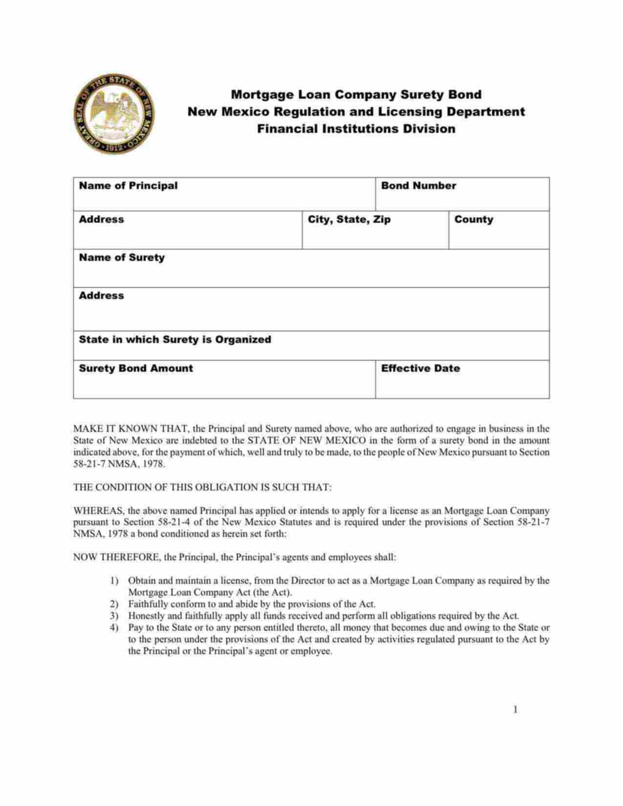 New Mexico Mortgage Loan Company Bond Form