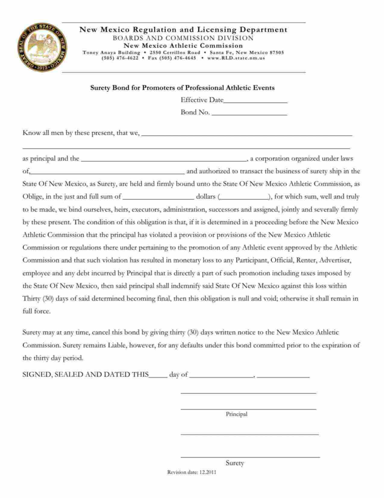 New Mexico Promoters of Professional Athletic Events Bond Form