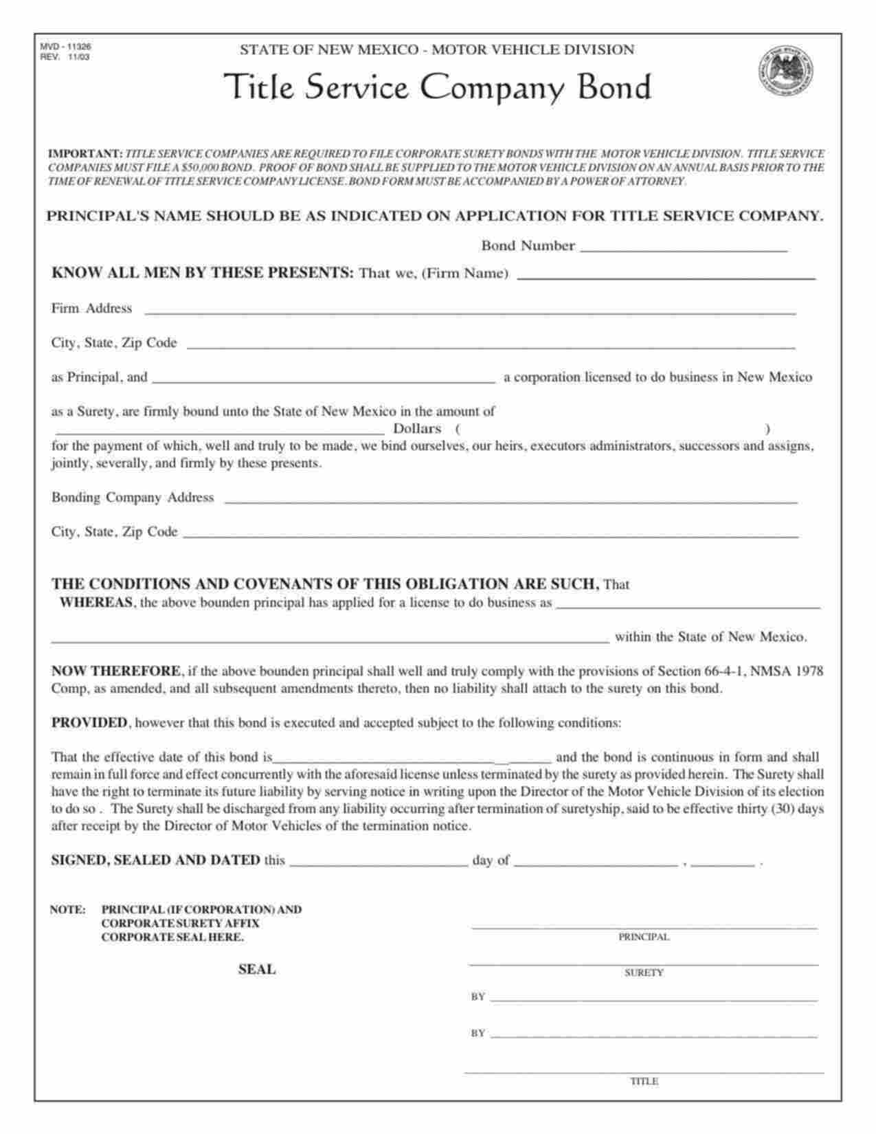 New Mexico Title Service Company Bond Form