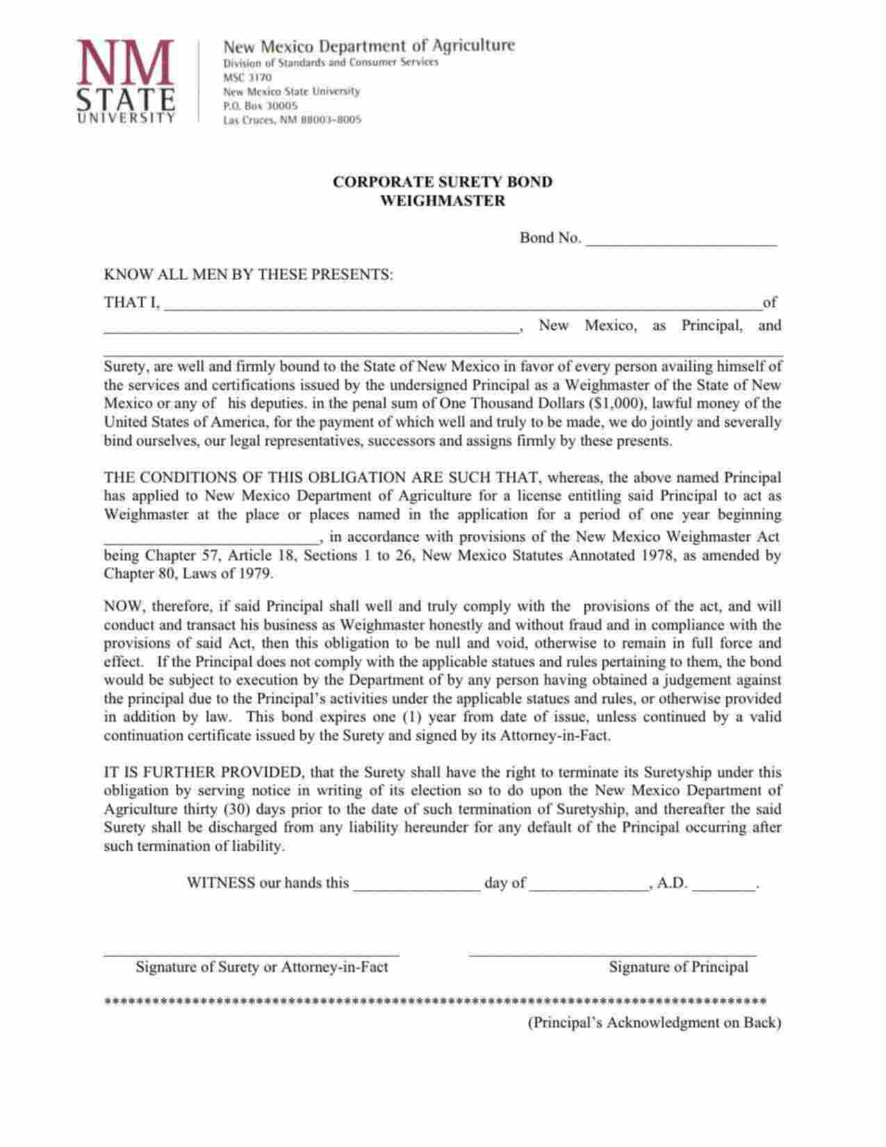 New Mexico Weighmaster Bond Form