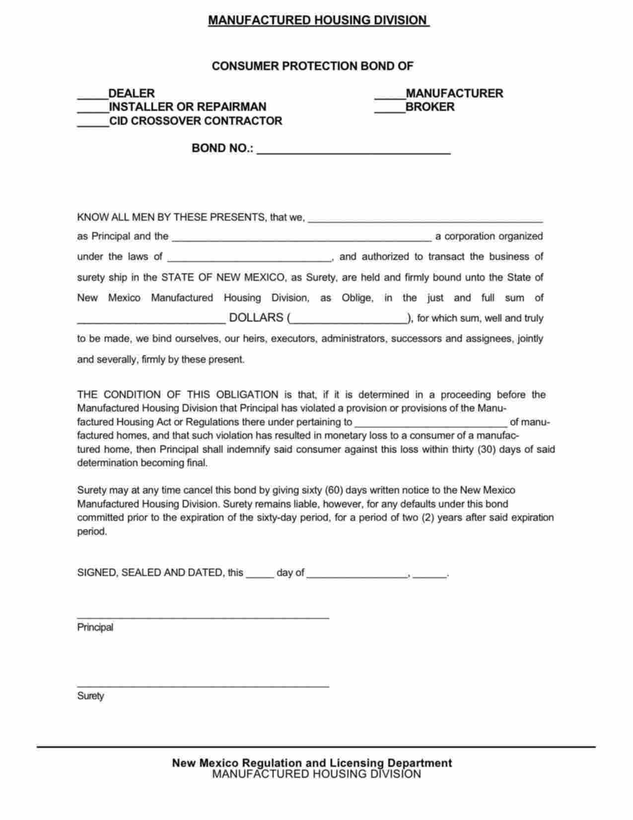 New Mexico Manufactured Housing Dealer Bond Form