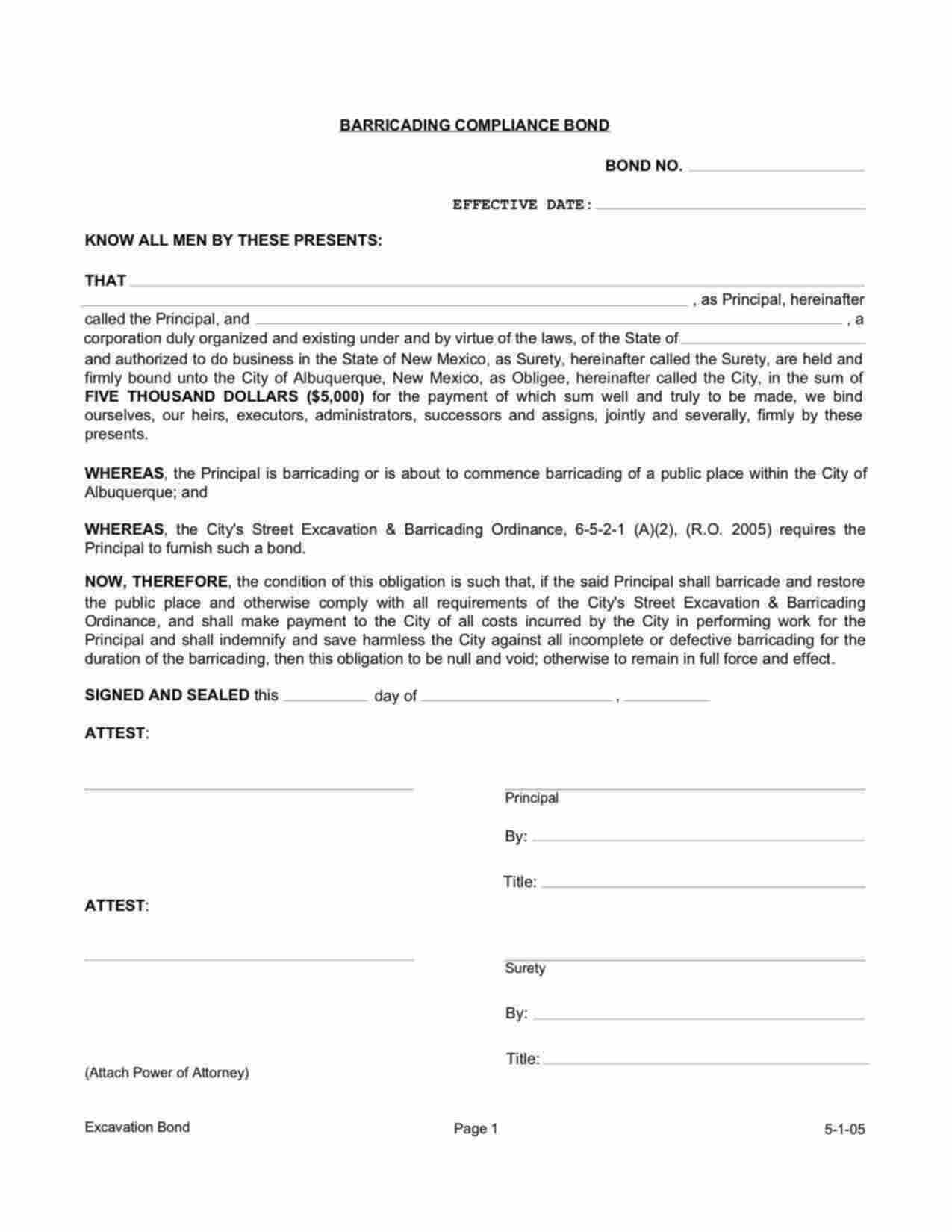 New Mexico Barracading Compliance Bond Form