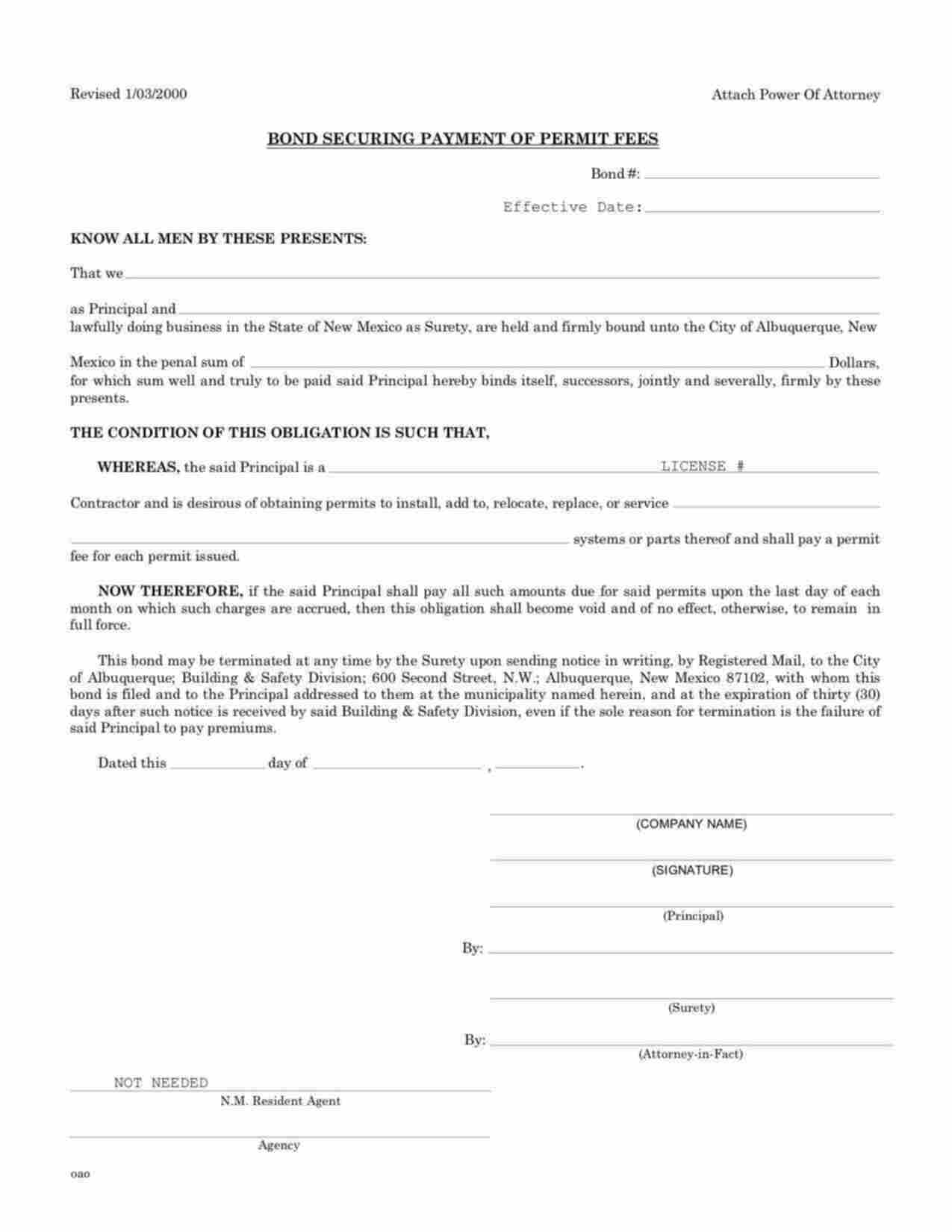 New Mexico Payment of Permit Fees for Building & Safety Division Bond Form