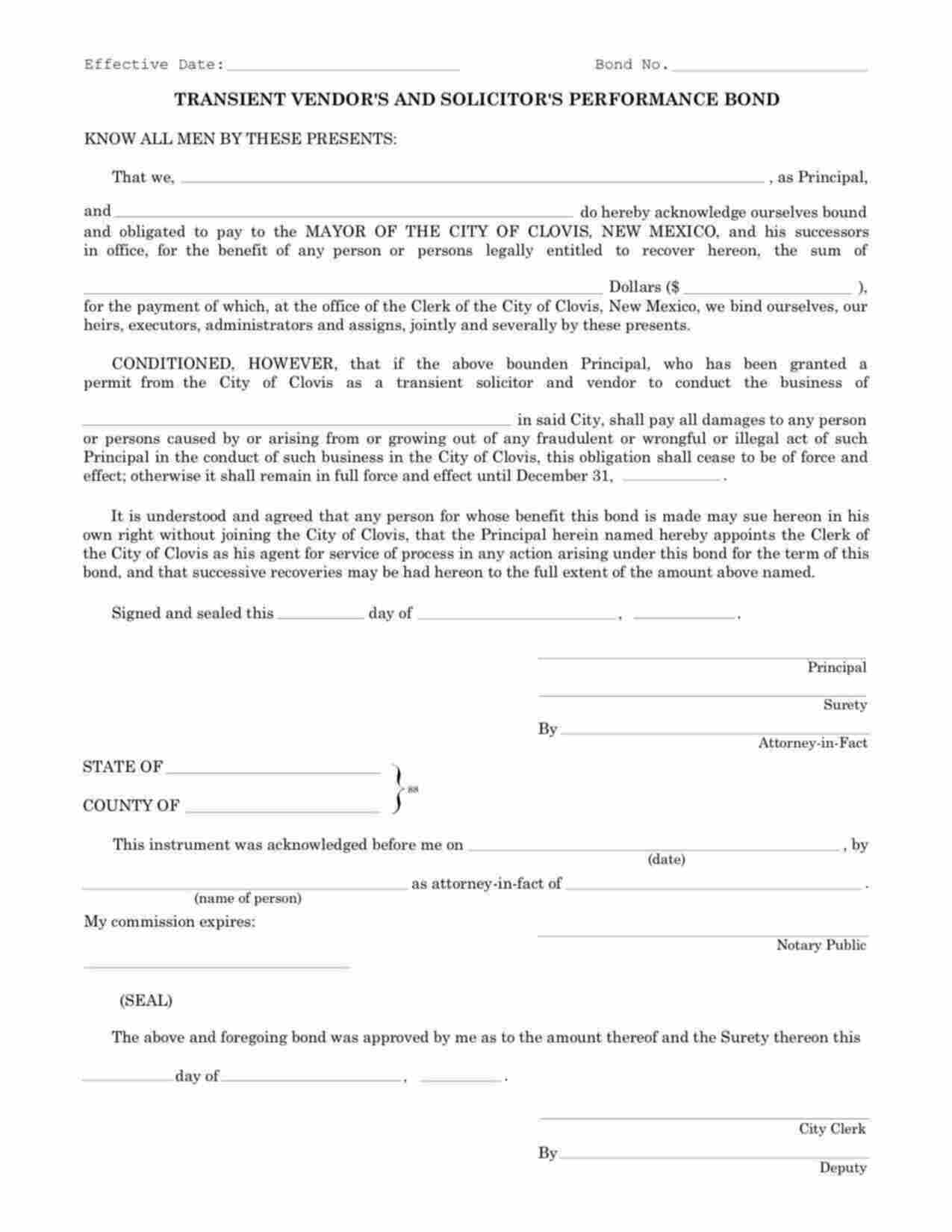New Mexico Transient Vendor's and Solicitor's Performance Bond Form