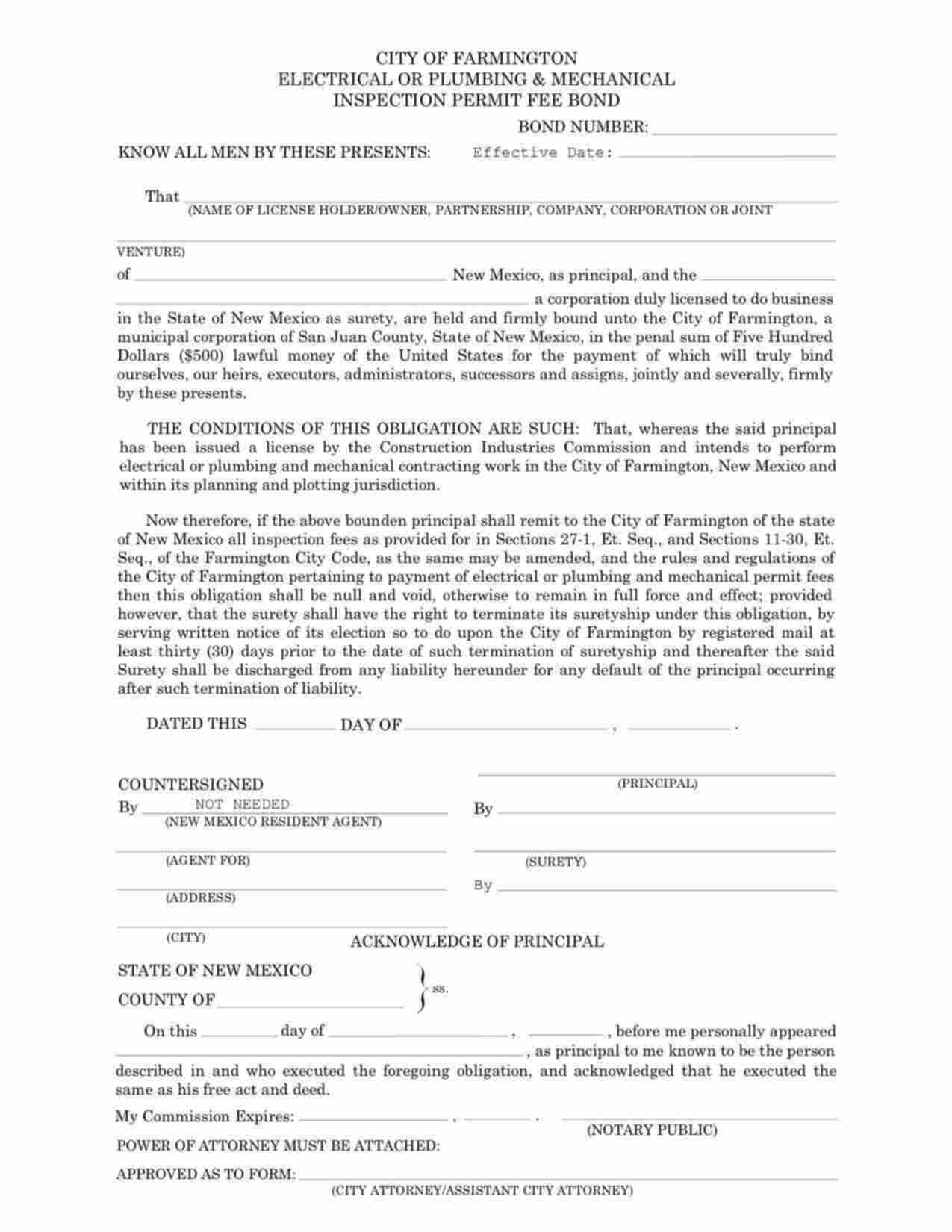 New Mexico Electrical or Plumbing and Mechnical Contractor Bond Form