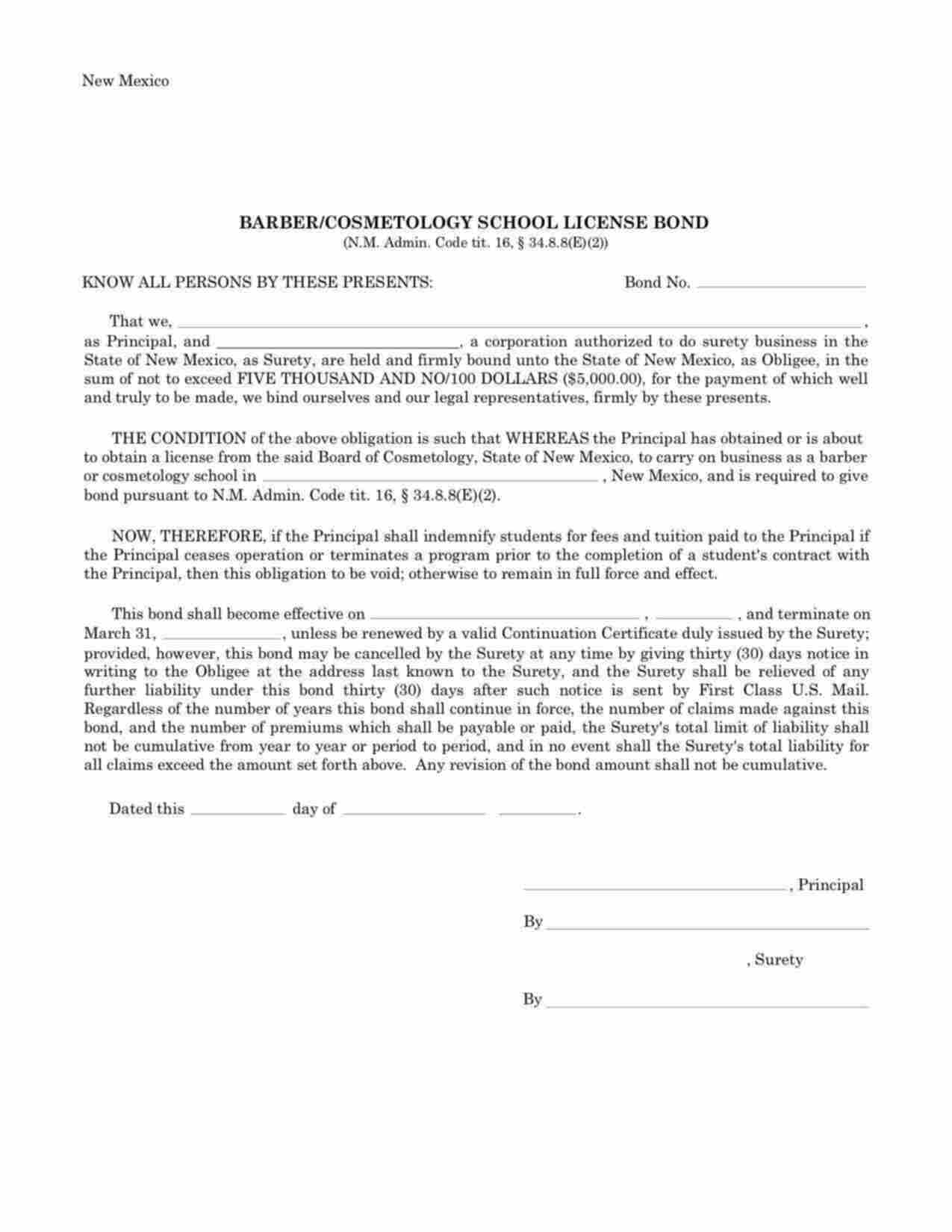 New Mexico Barber/Cosmetology School Bond Form