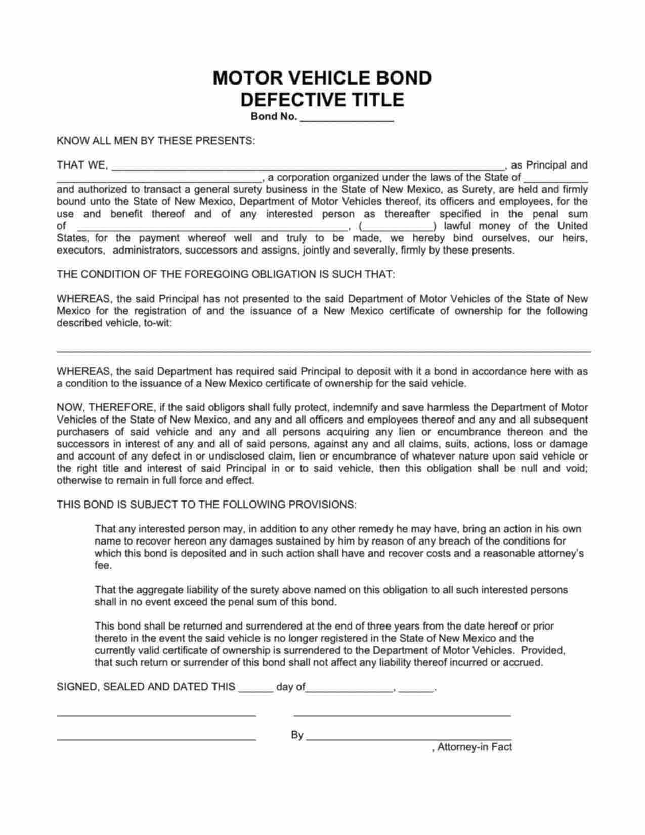 New Mexico Motor Vehicle Defective Title Bond Form