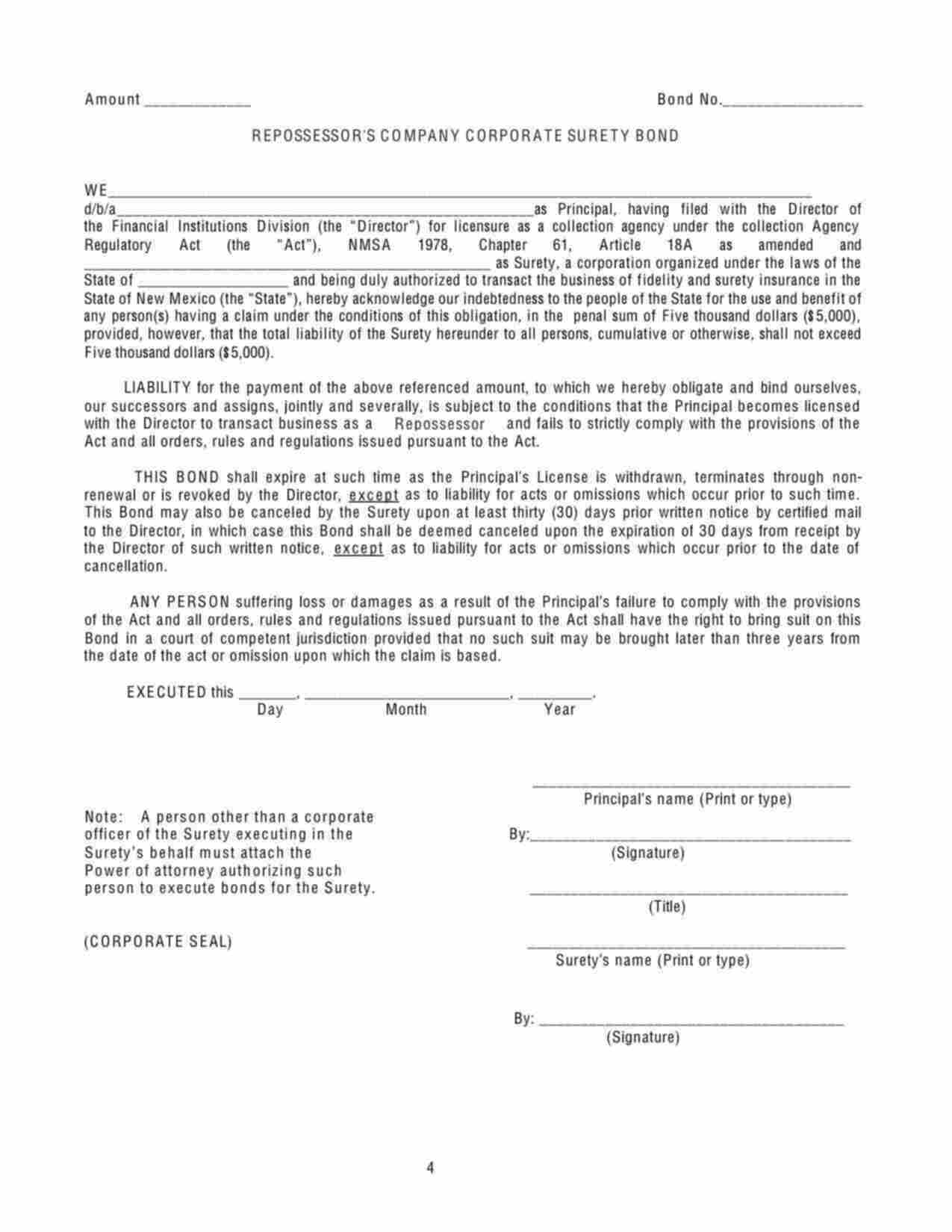 New Mexico Repossessor's Company Bond Form