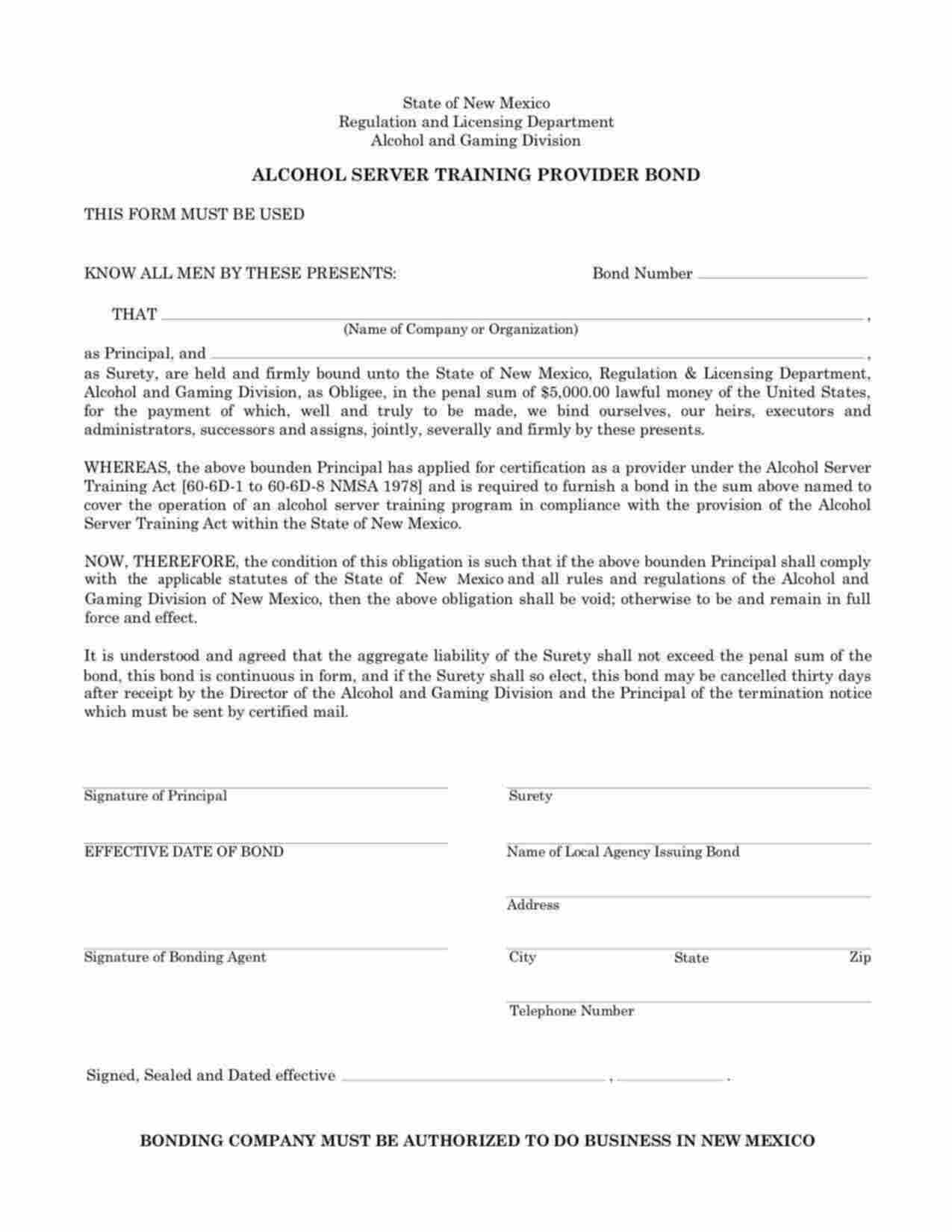 New Mexico Alcohol Server Training Provider Bond Form