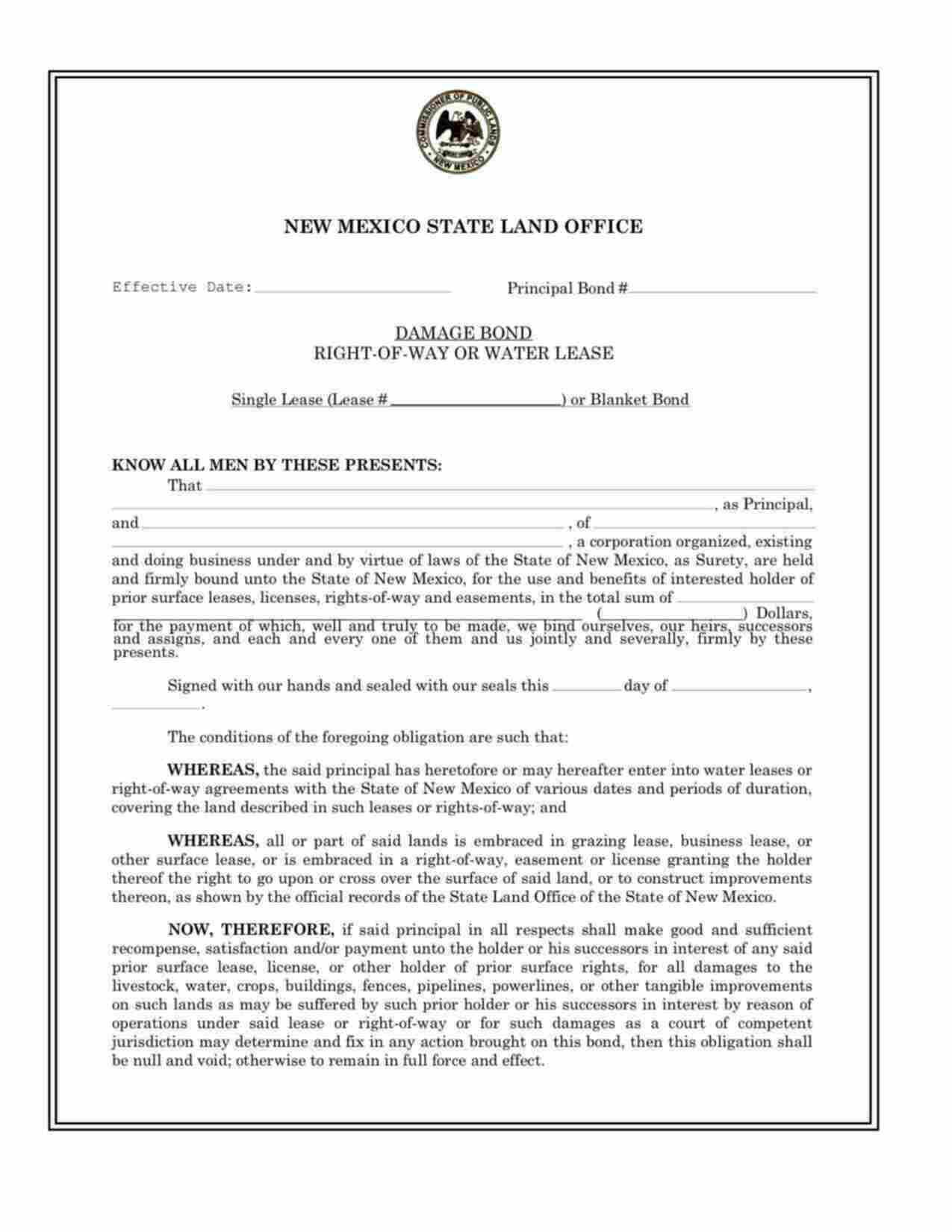 New Mexico Right-of-Way or Water Lease - Damage Bond Form