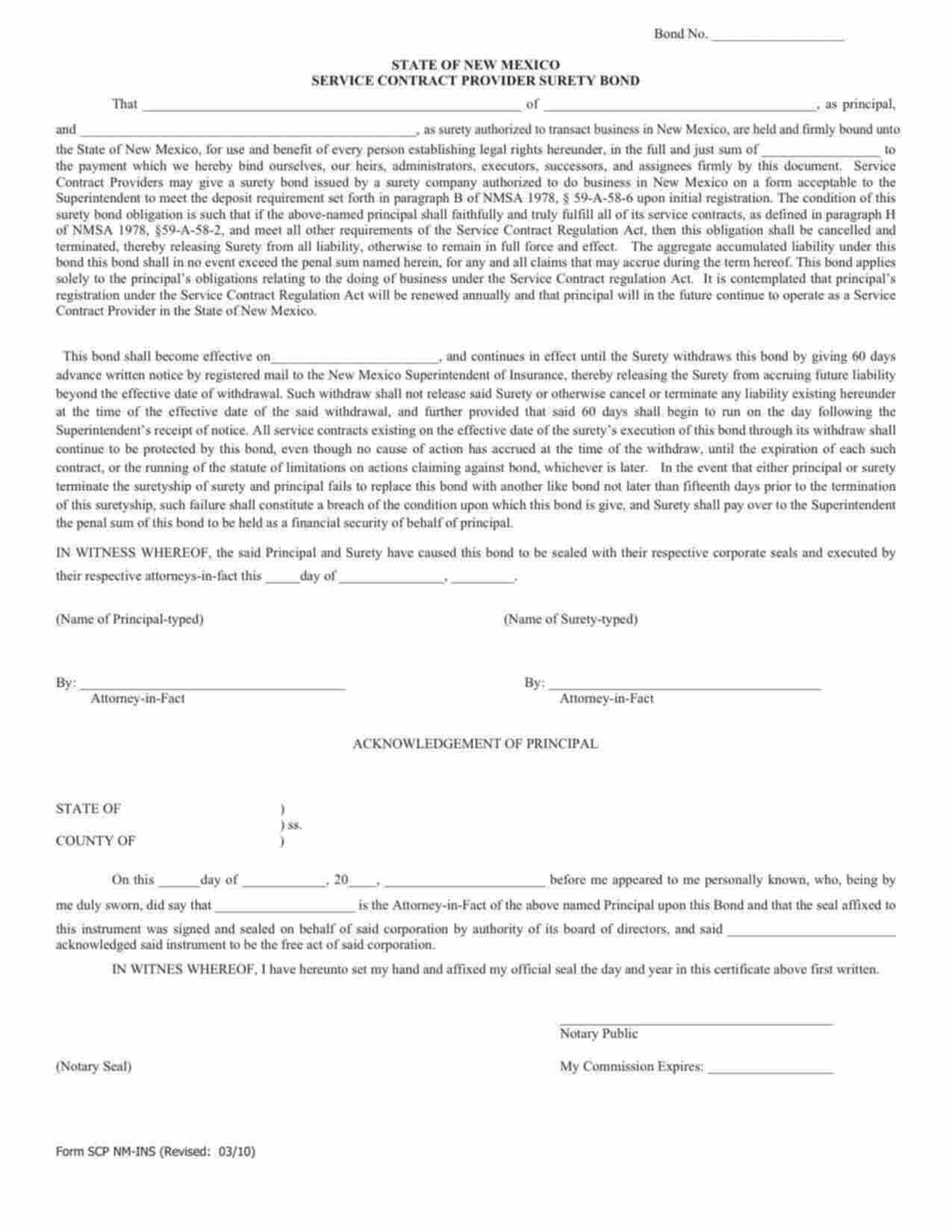 New Mexico Service Contract Provider Bond Form