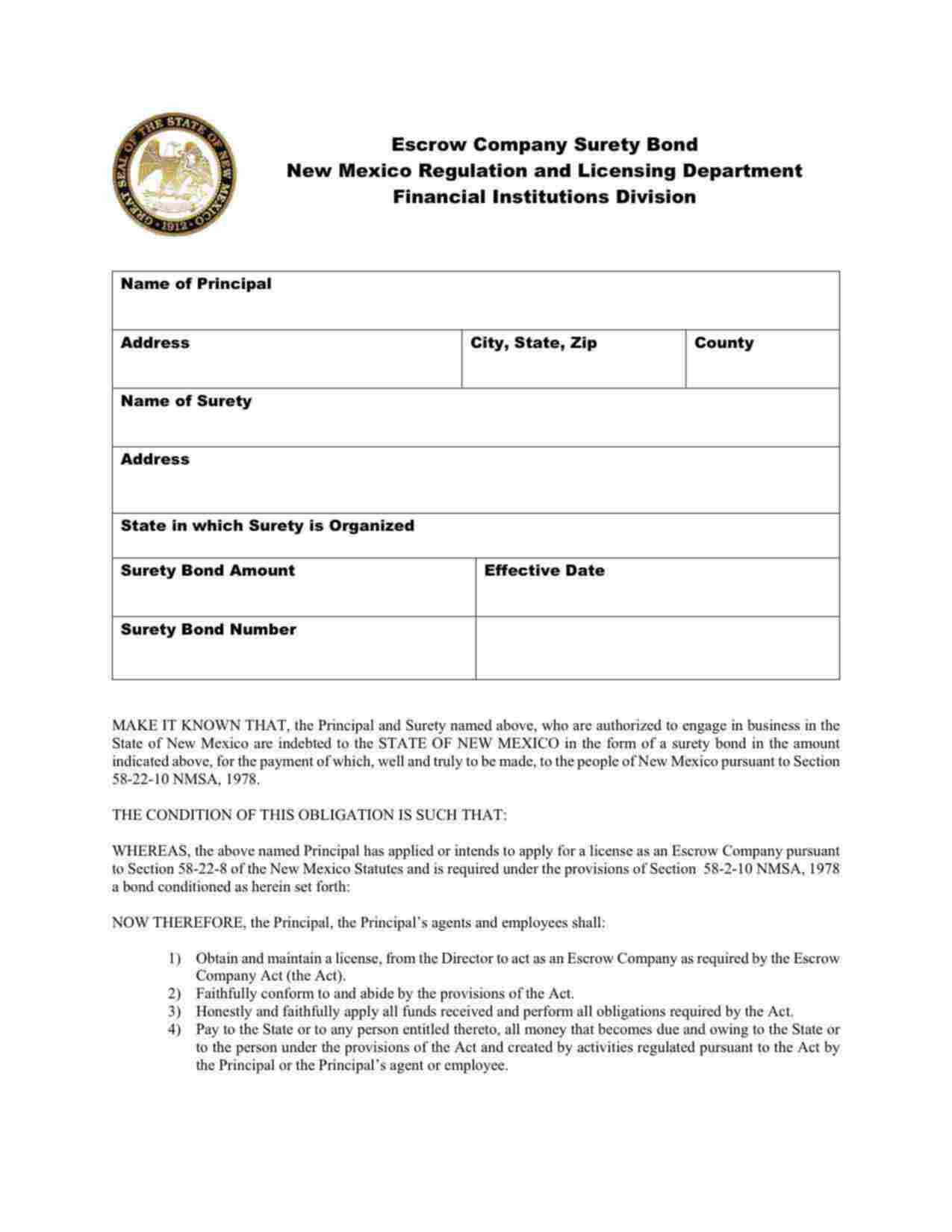 New Mexico Escrow Company Bond Form