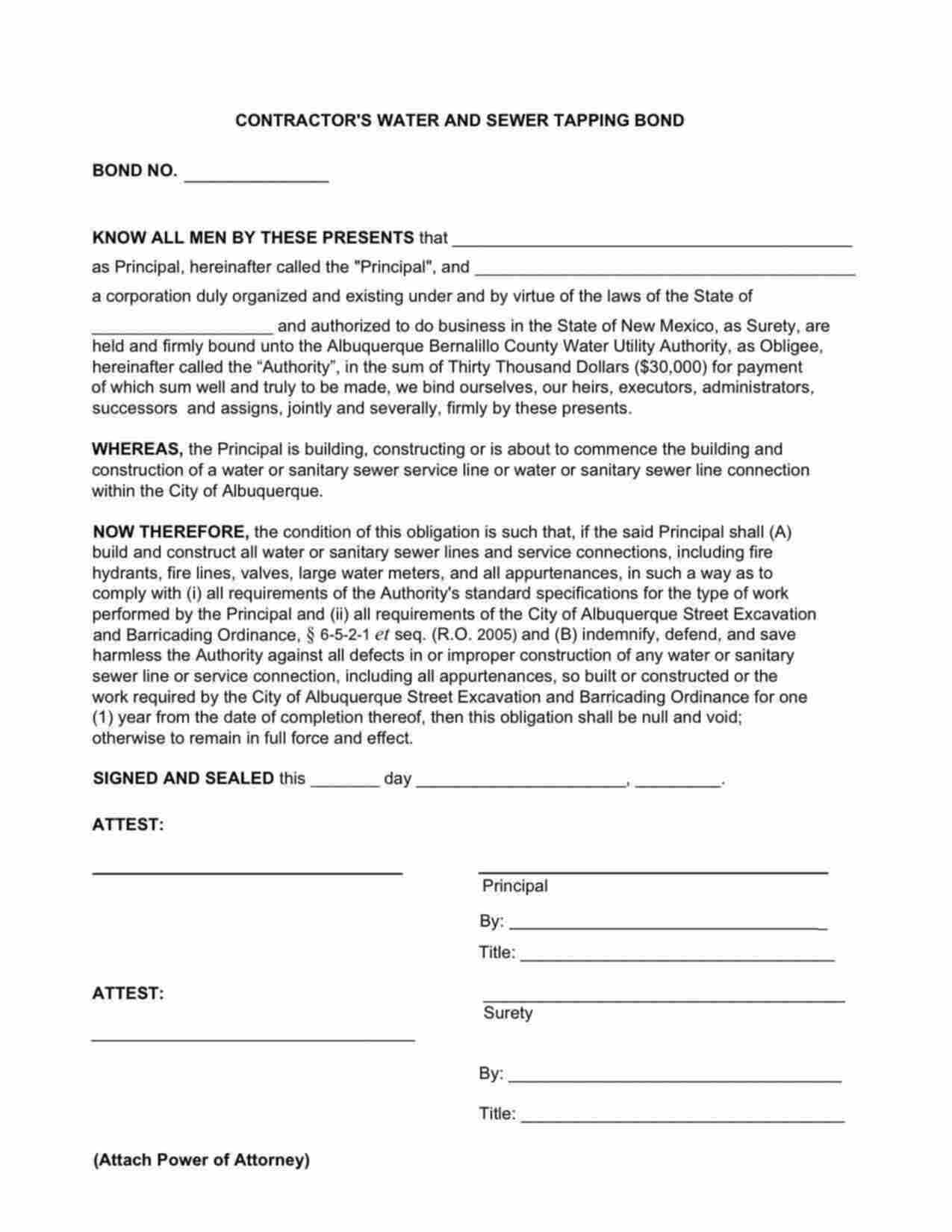 New Mexico Contractor's Water and Sewer Tapping Bond Form