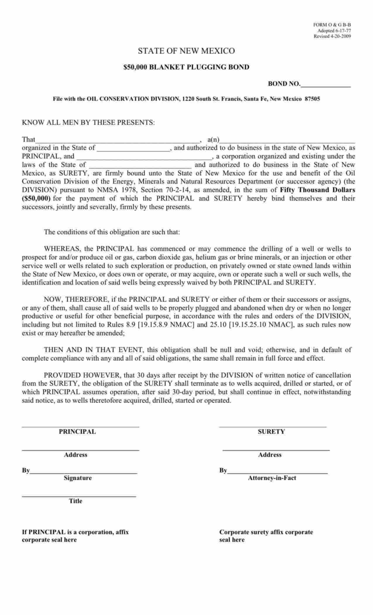 New Mexico Blanket Plugging Bond Form