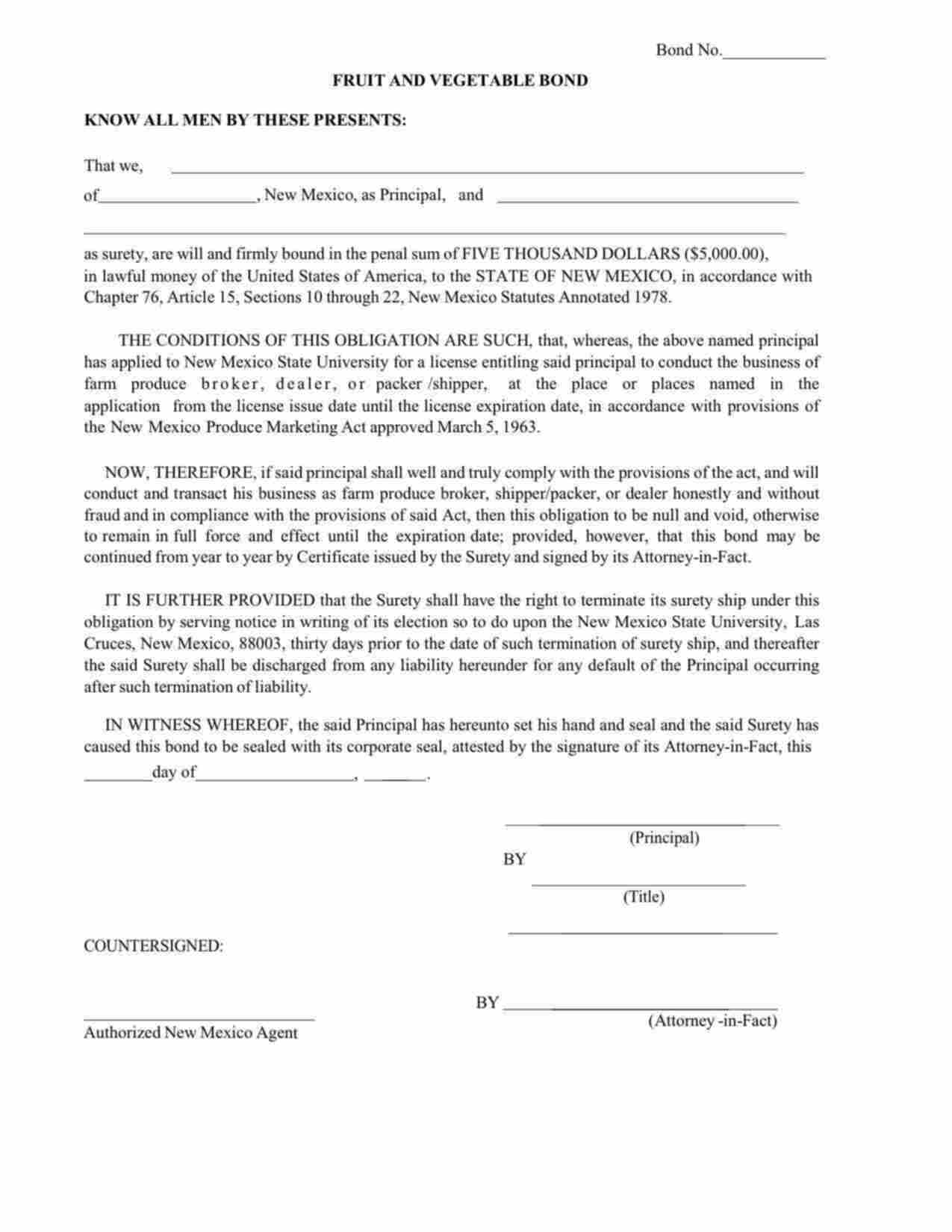 New Mexico Fruit and Vegetable Packer/Shipper Bond Form