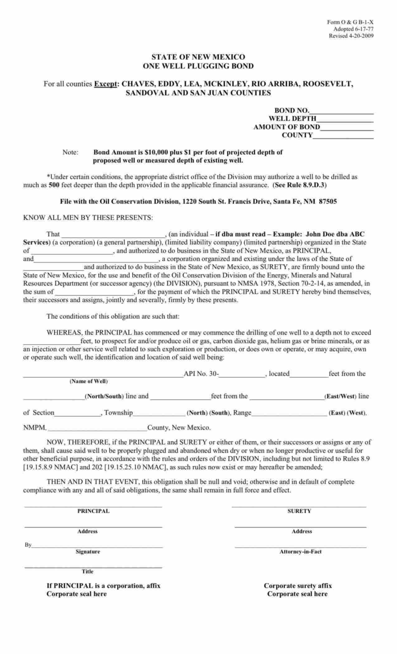 New Mexico One Well Plugging Bond Form