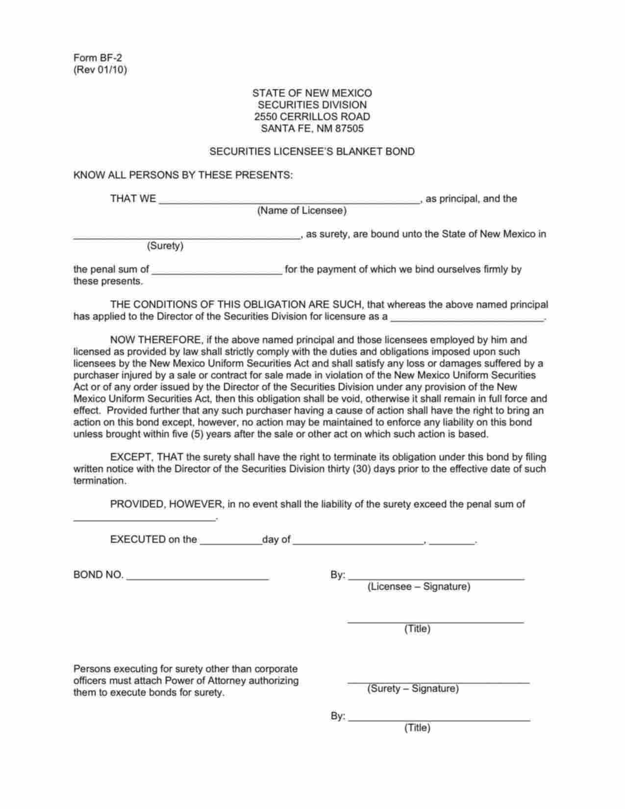 New Mexico Investment Advisor Bond Form