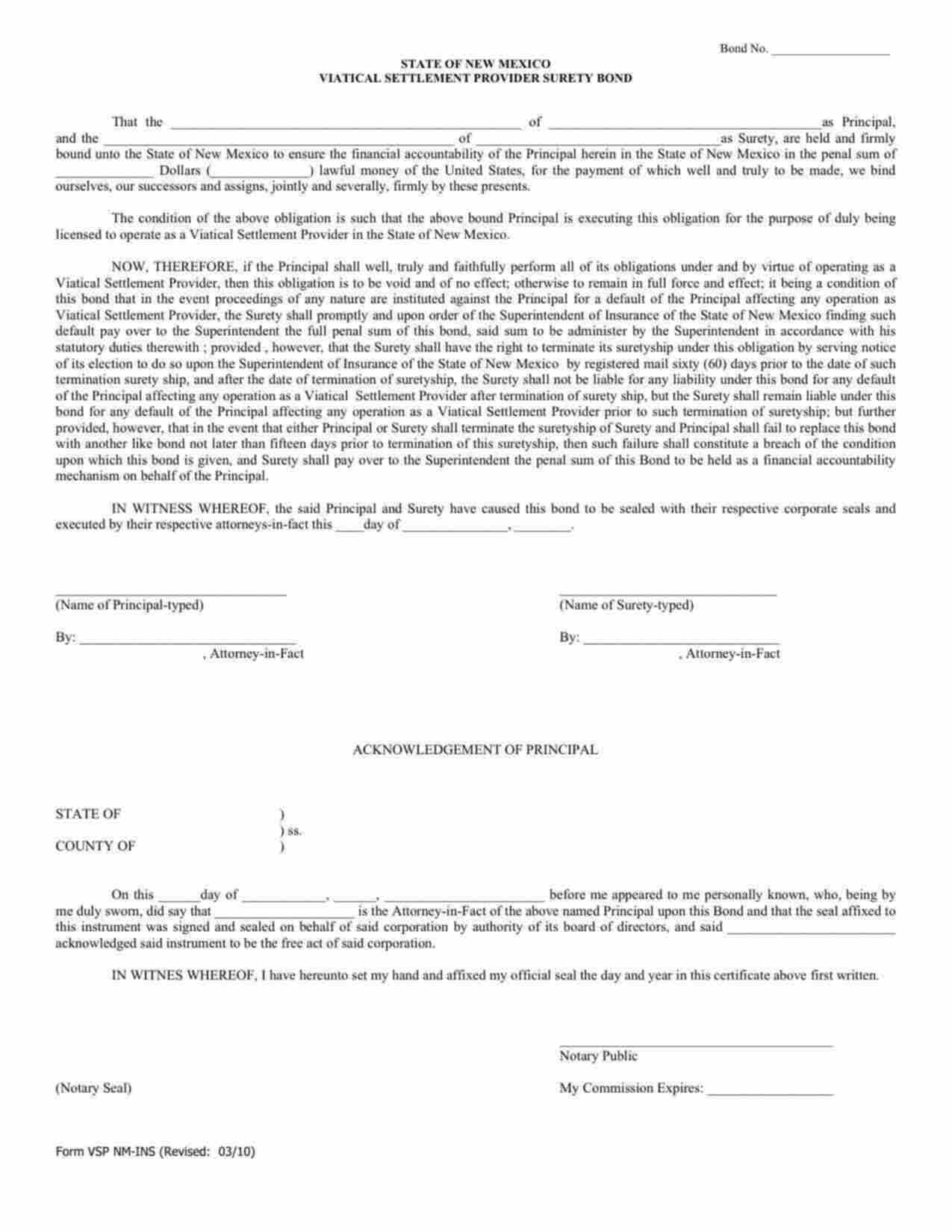 New Mexico Viatical Settlement Provider Bond Form