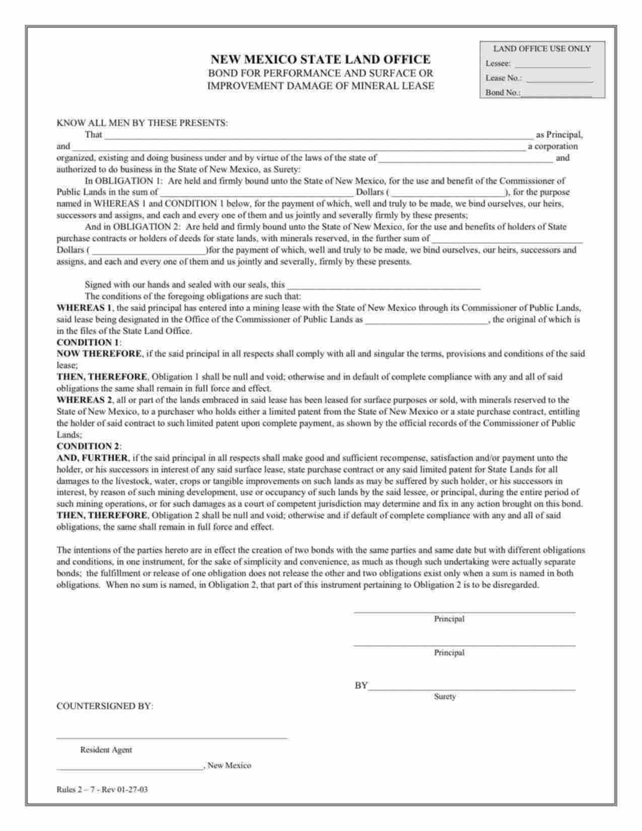 New Mexico Mineral Lease - Performance and Surface or Improvement Damage Bond Form