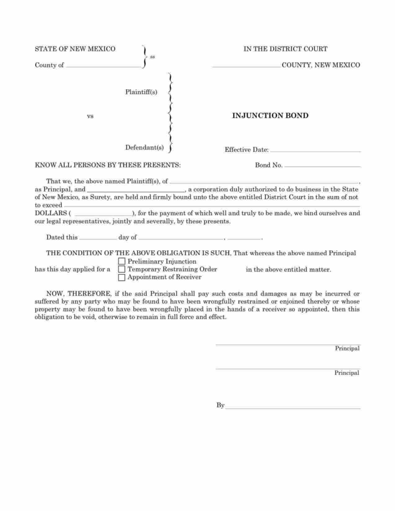 New Mexico Injunction Bond Form