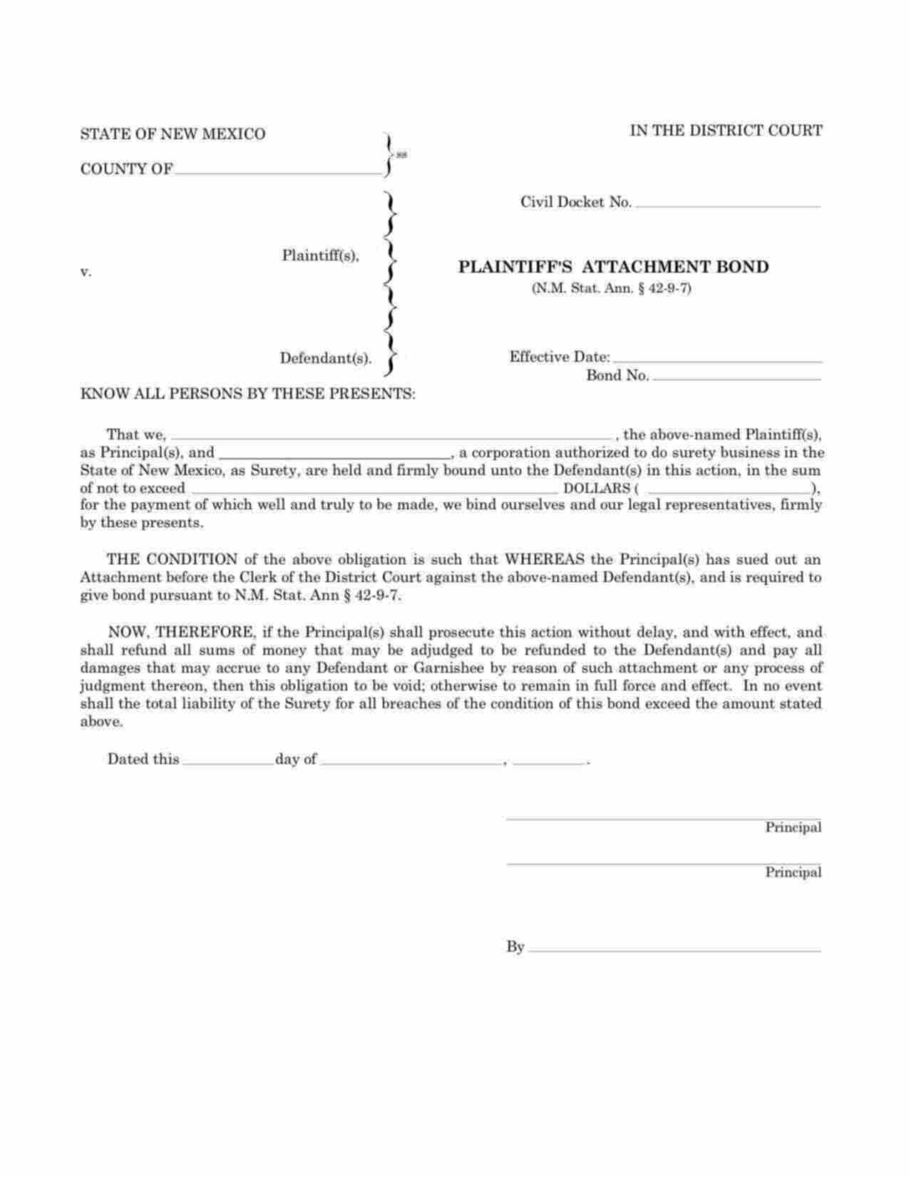 New Mexico Plaintiffs Attachment (District Court) Bond Form