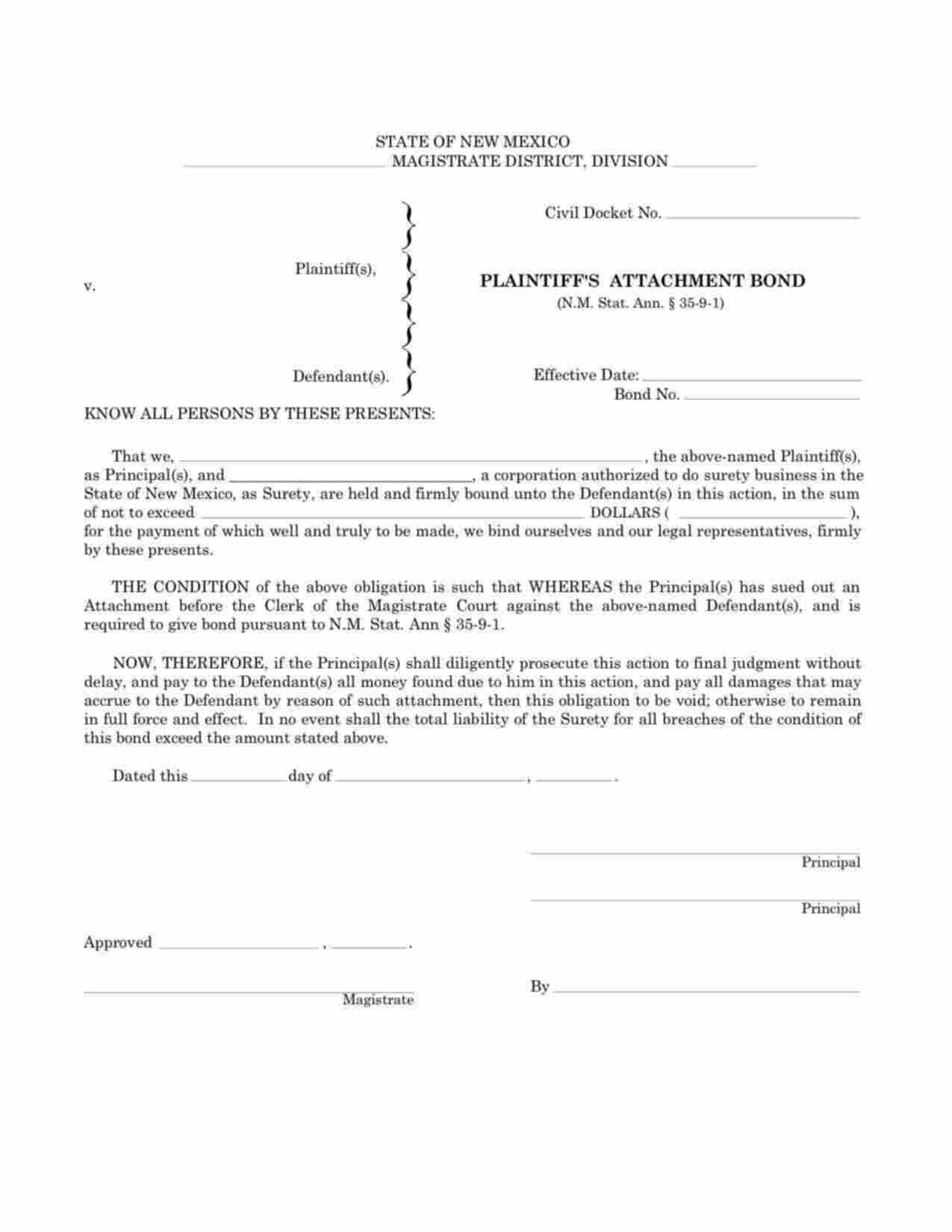 New Mexico Plaintiffs Attachment (Magistrate District Court) Bond Form