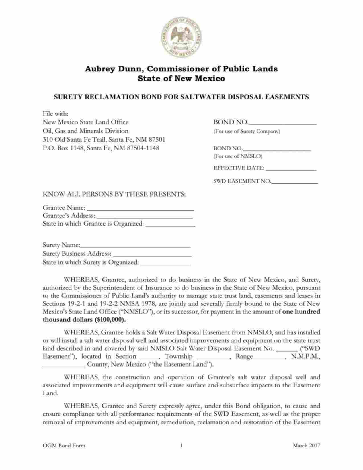 New Mexico Salt Water Disposal Easement - Reclamation Bond Form