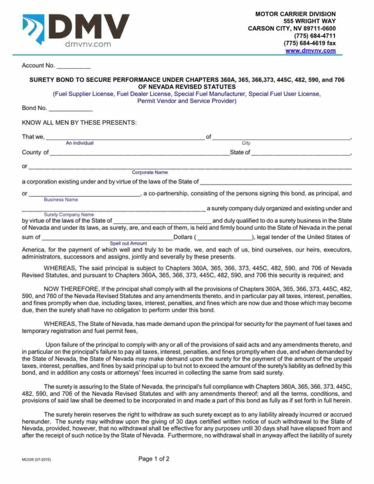 Nevada Fuel Supplier/Dealer/Manufacturer/User (Corporation) Bond Form