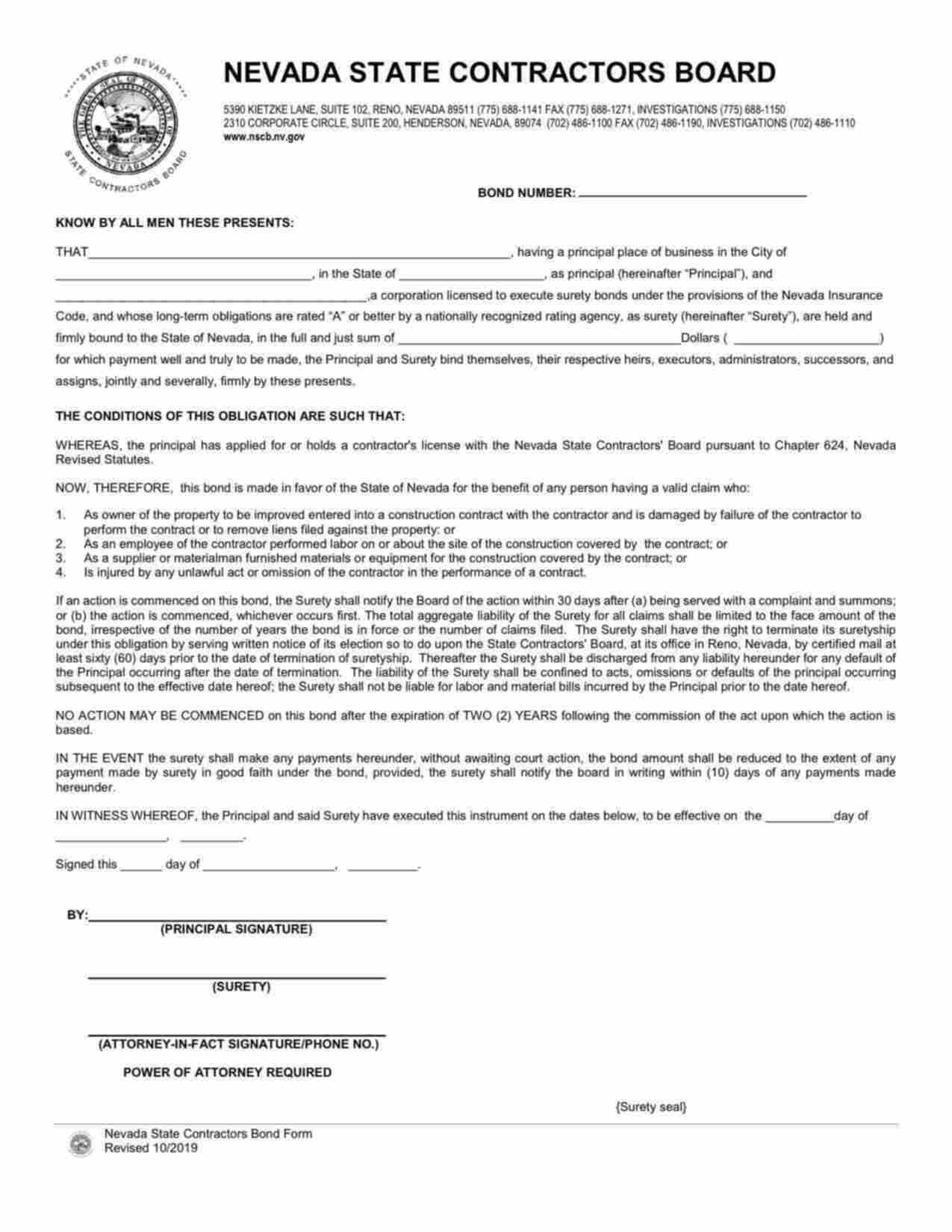 Nevada Contractors License Bond Form
