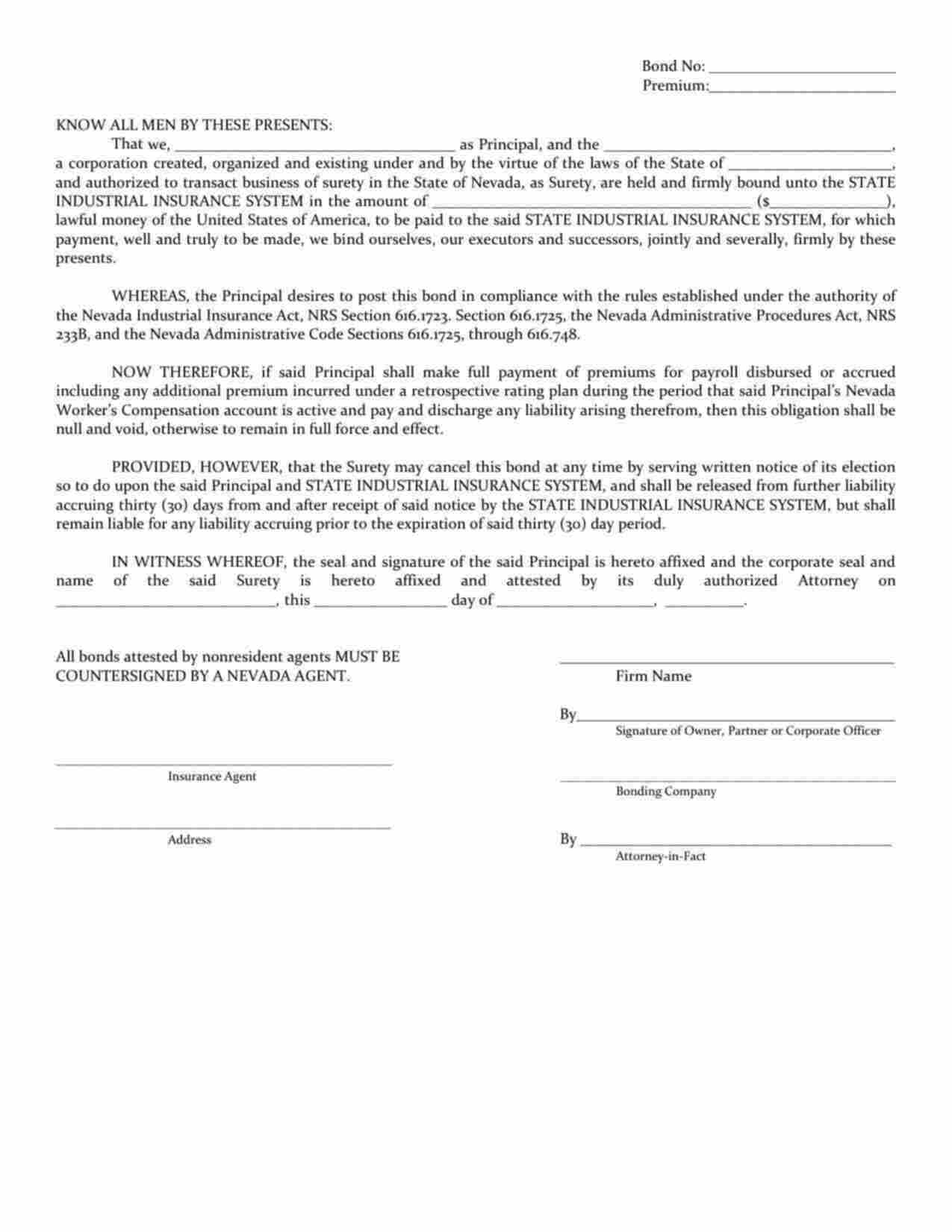 Nevada State Industrial Institute Retrospective Rating Plan Bond Form