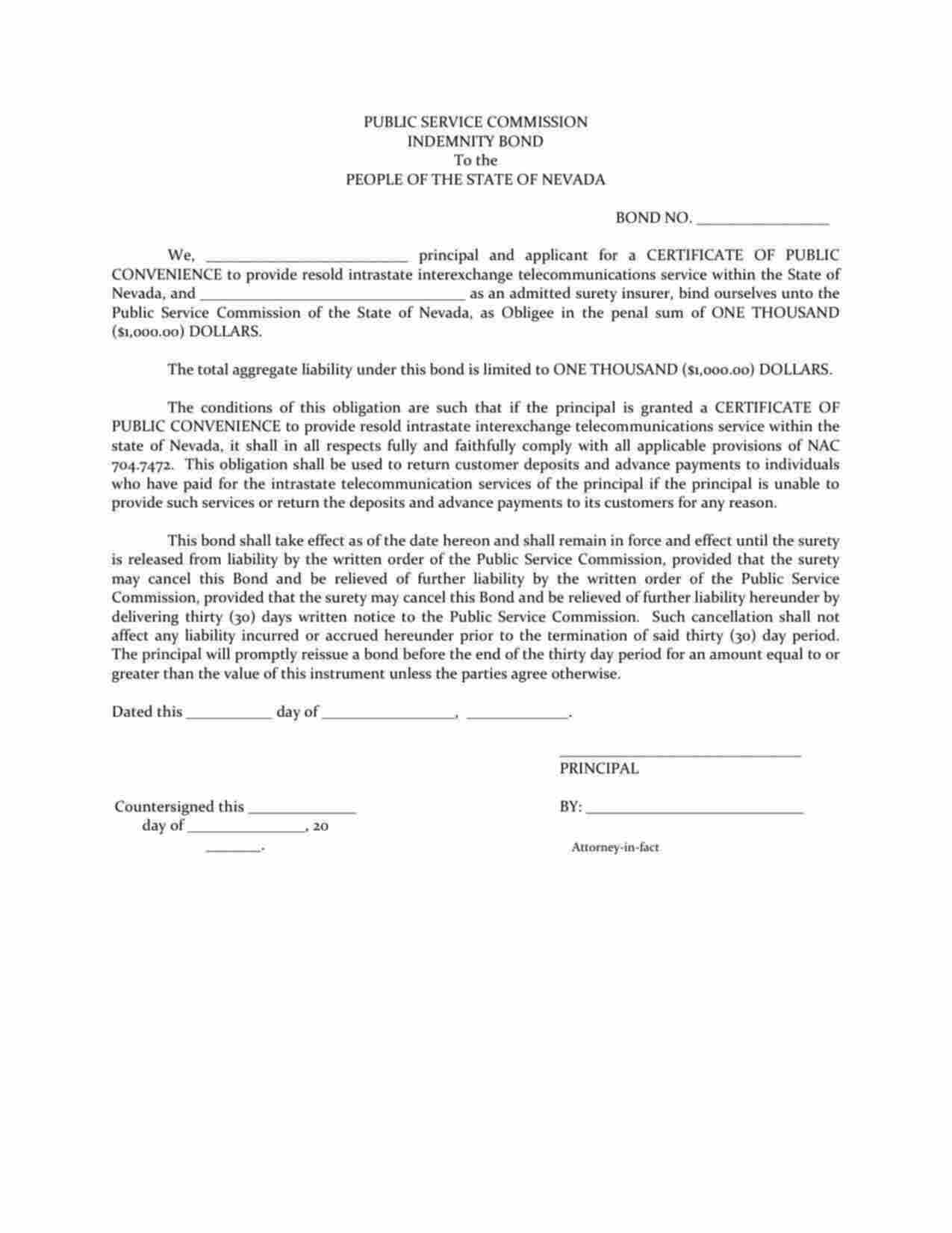 Nevada Telecommunications Service Certificate of Public Convenience Bond Form