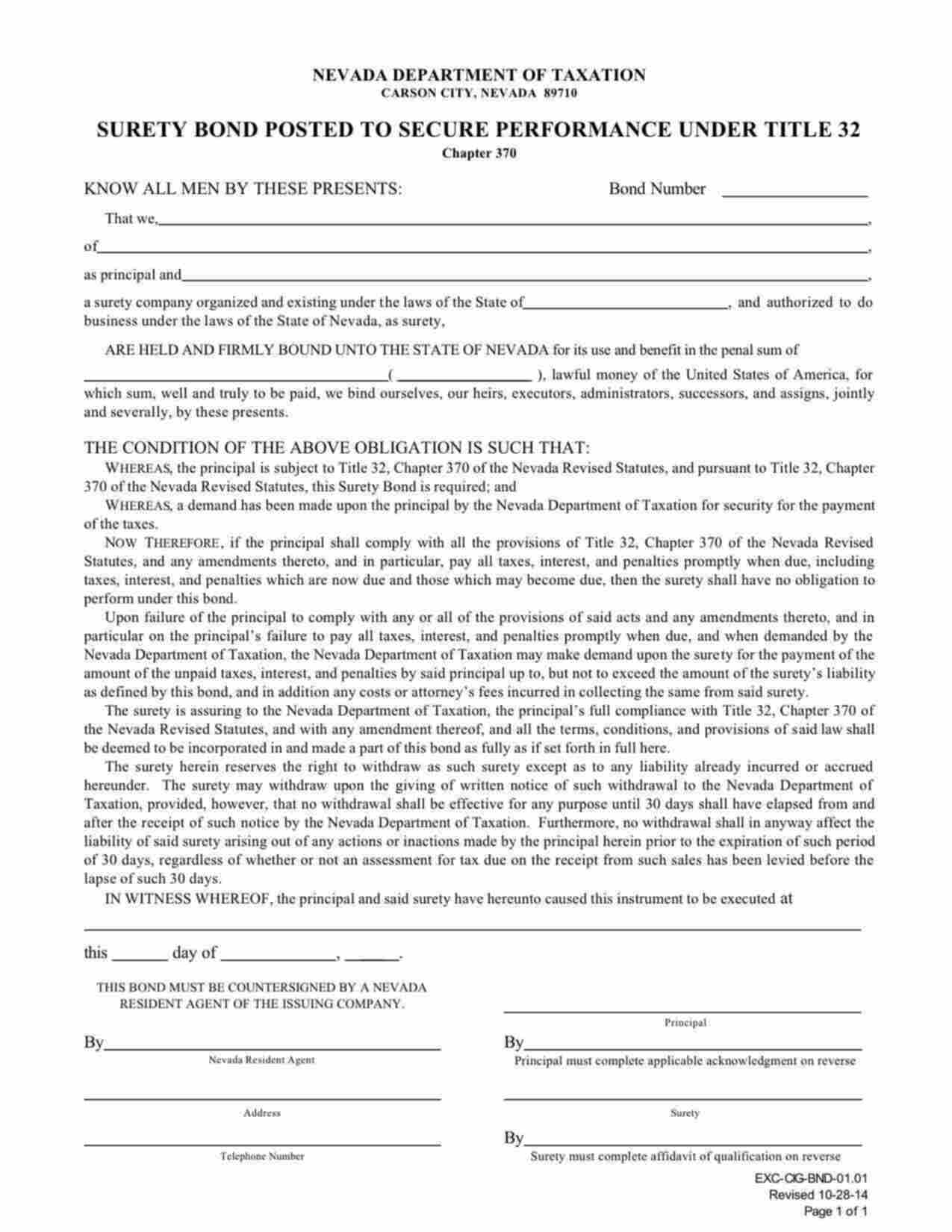 Nevada Cigarette Tax Performance Under Title 32 Bond Form