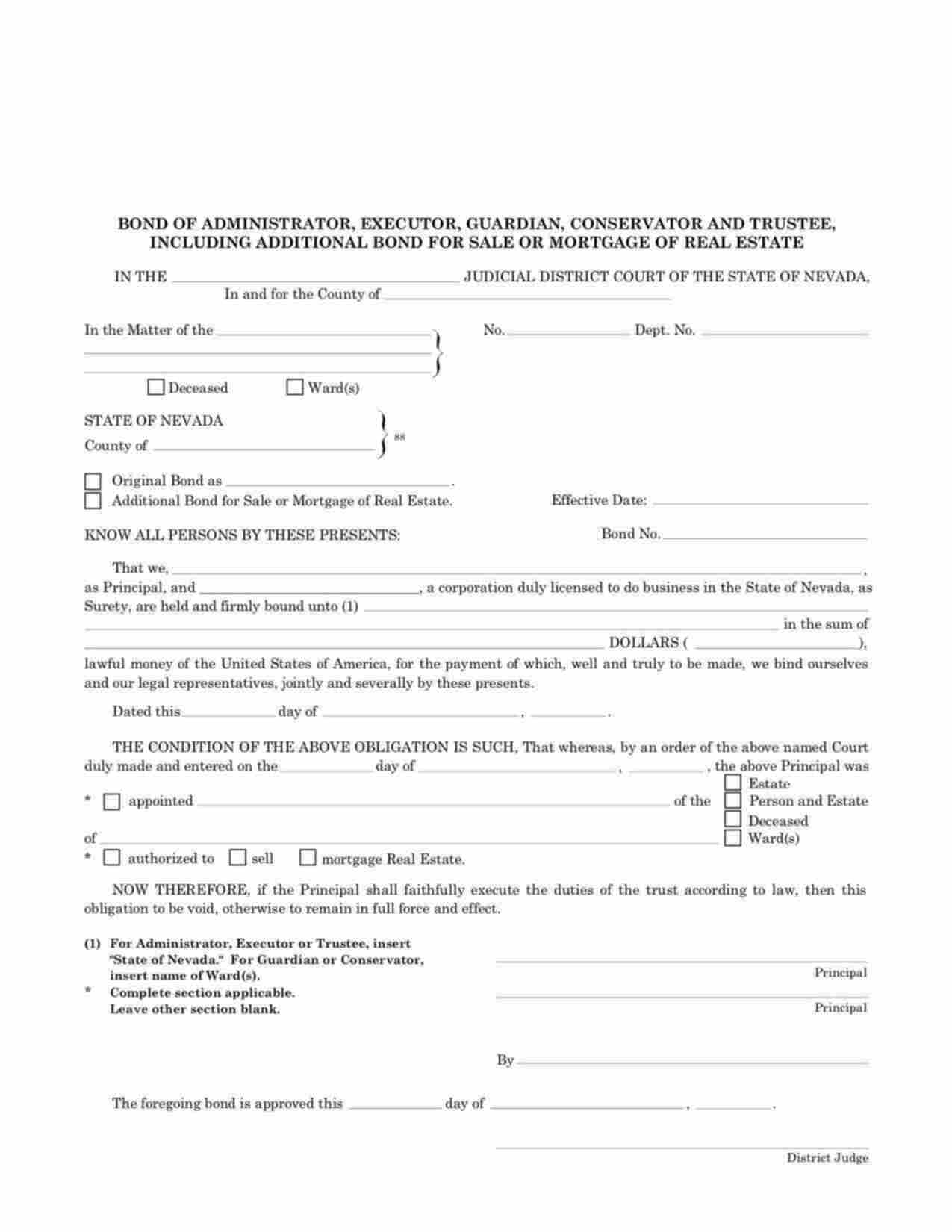 Nevada Probate Administrator, Executor, Conservator, or Guardian Bond Form