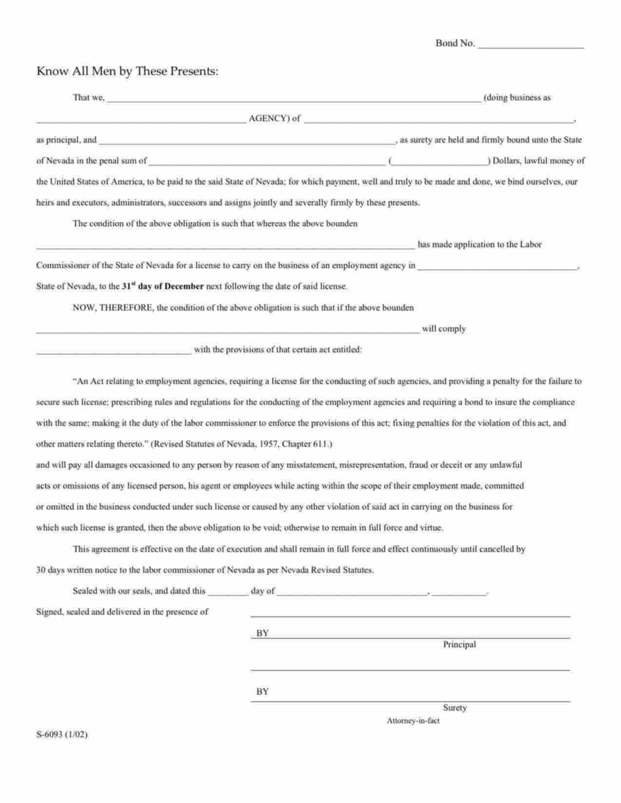 Nevada Employment Agency Bond Form