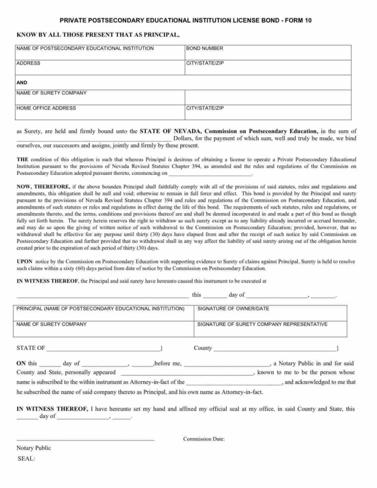 Nevada Private Postsecondary Educational Institution License Bond Form