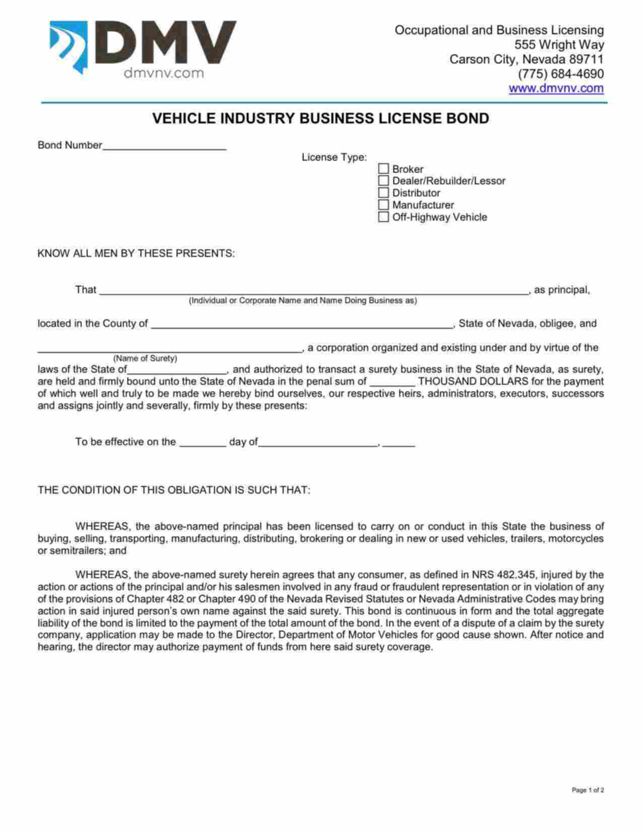Nevada Motor Vehicle Dealer/ Rebuilder/ Lessor Bond Form