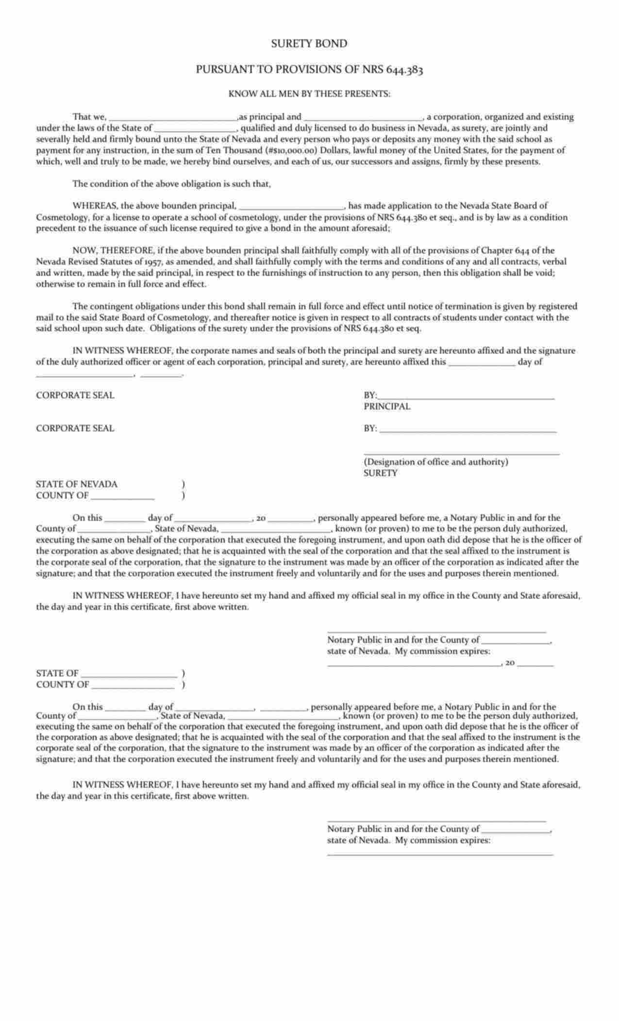 Nevada Cosmetology School Bond Form