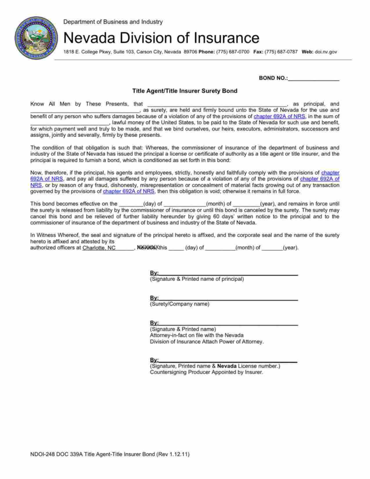 Nevada Title Agent/ Title Insurer Bond Form